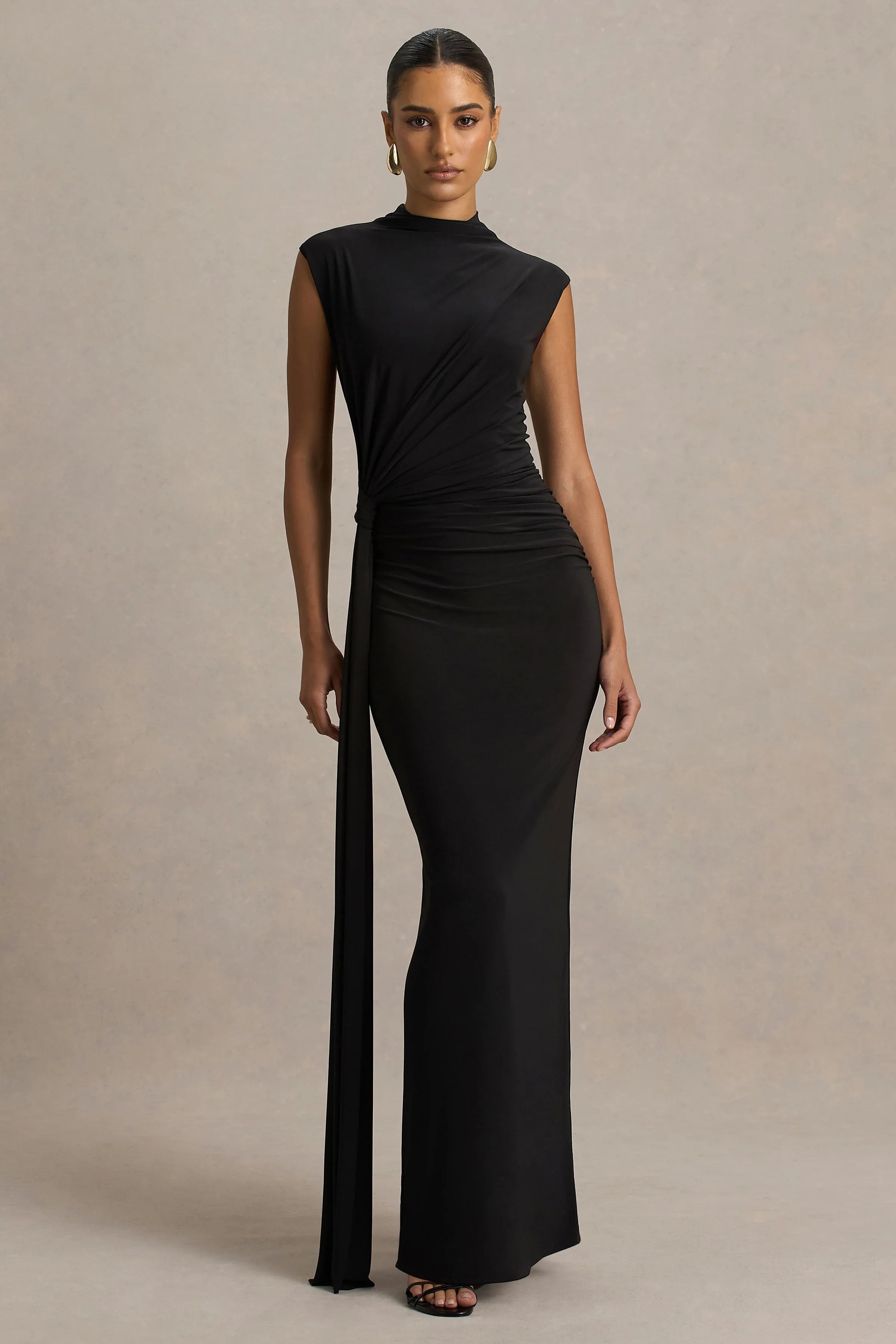 Solene Black High Neck Maxi Dress With Wrap And Drape Detail