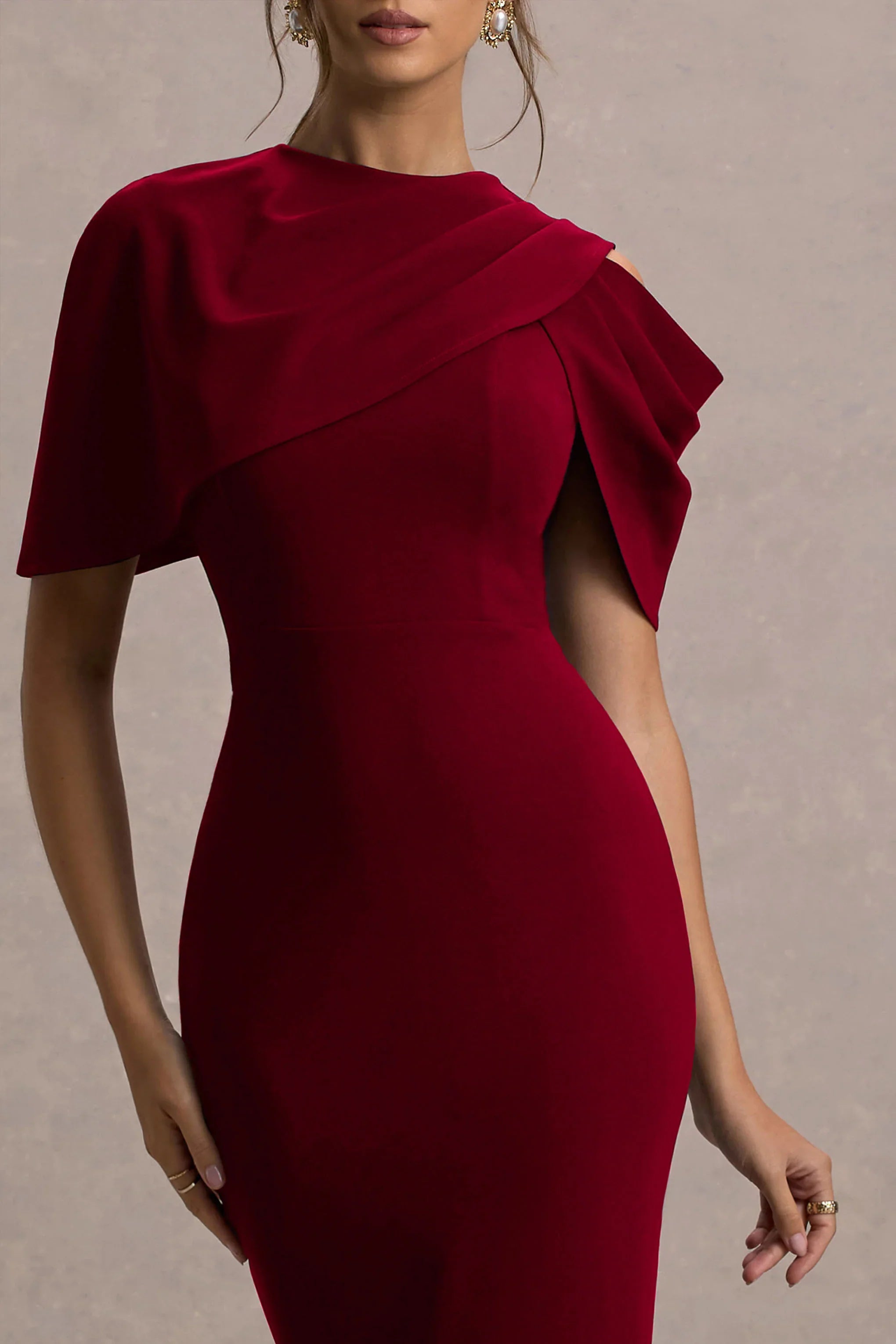 Dorothea Berry Draped Midi Dress With Cape