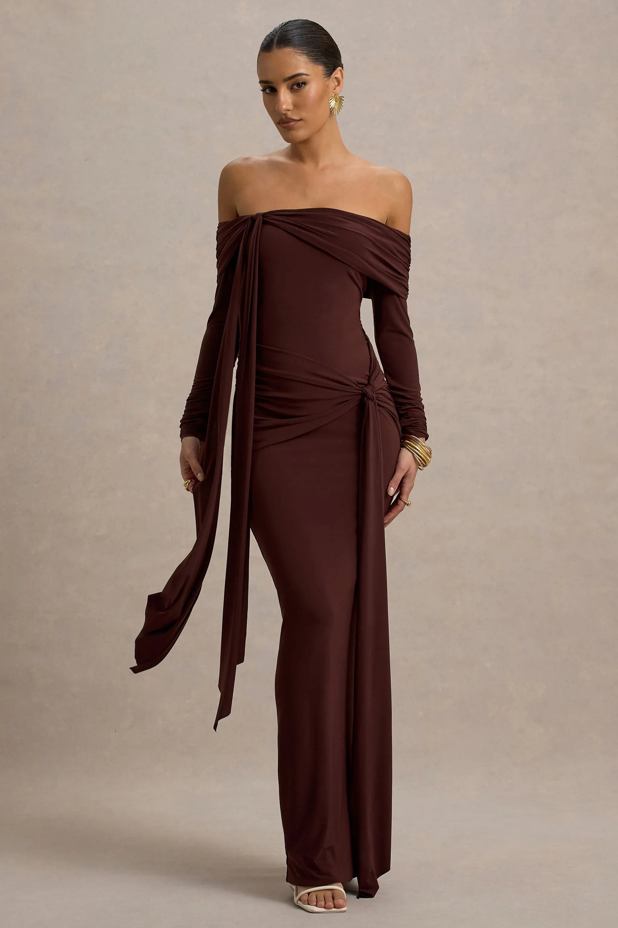 Jovie Brown Bardot Wrap Maxi Dress With Sash Detail