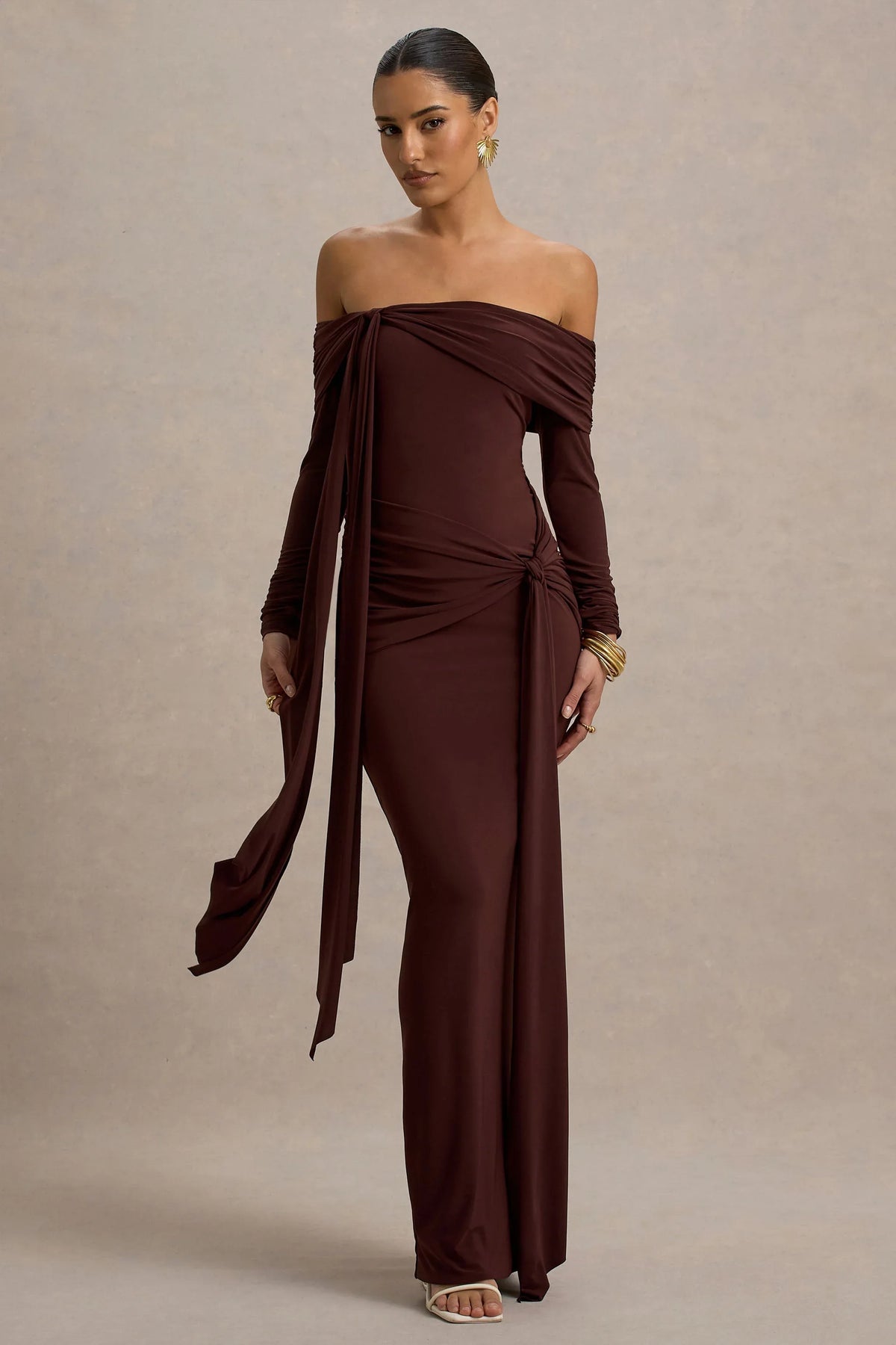 Jovie Brown Bardot Wrap Maxi Dress With Sash Detail