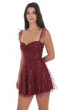 Sequin Ruffle Strap A Line Dress in Burgundy