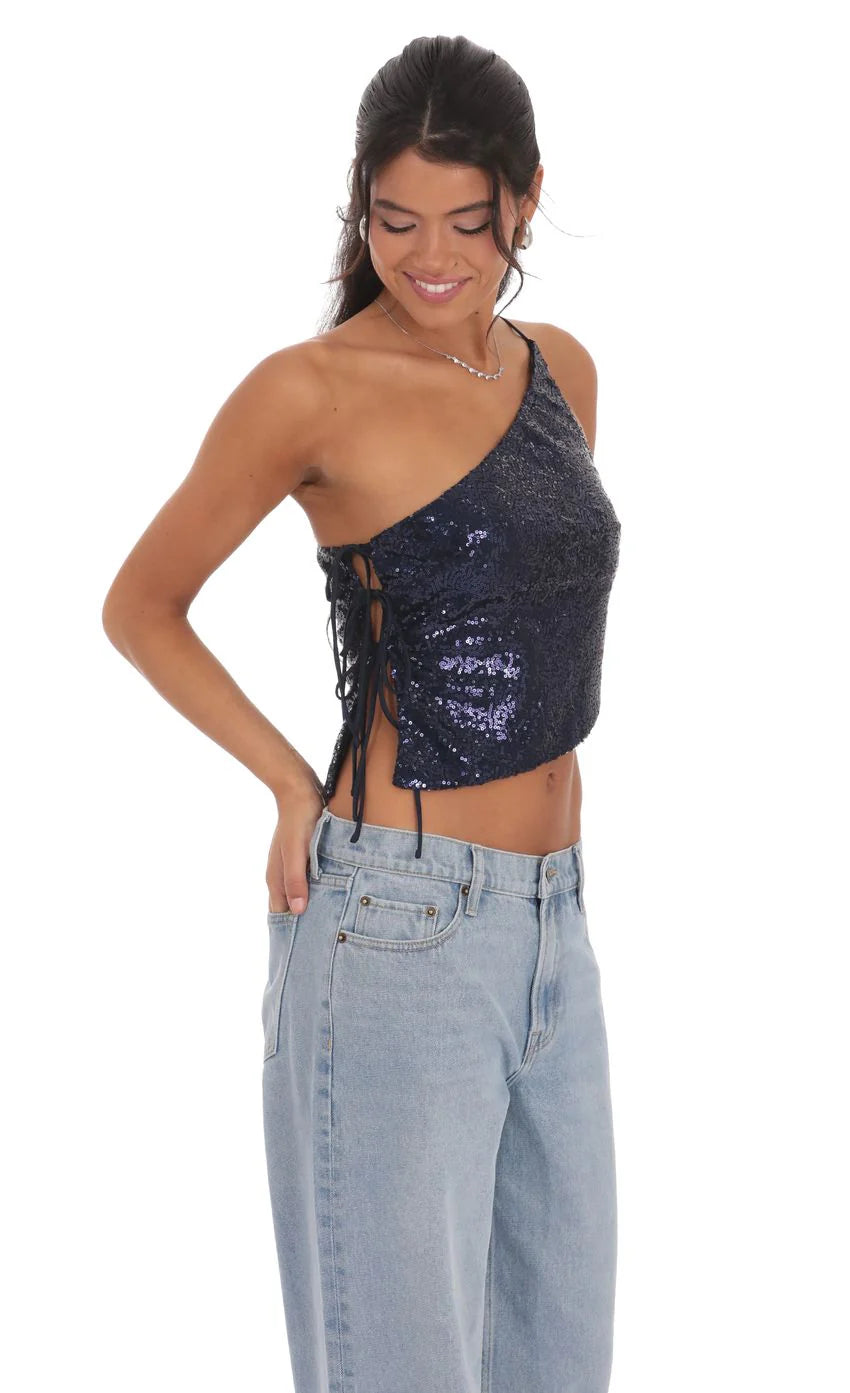 Sequin One Shoulder Tie Top in Navy