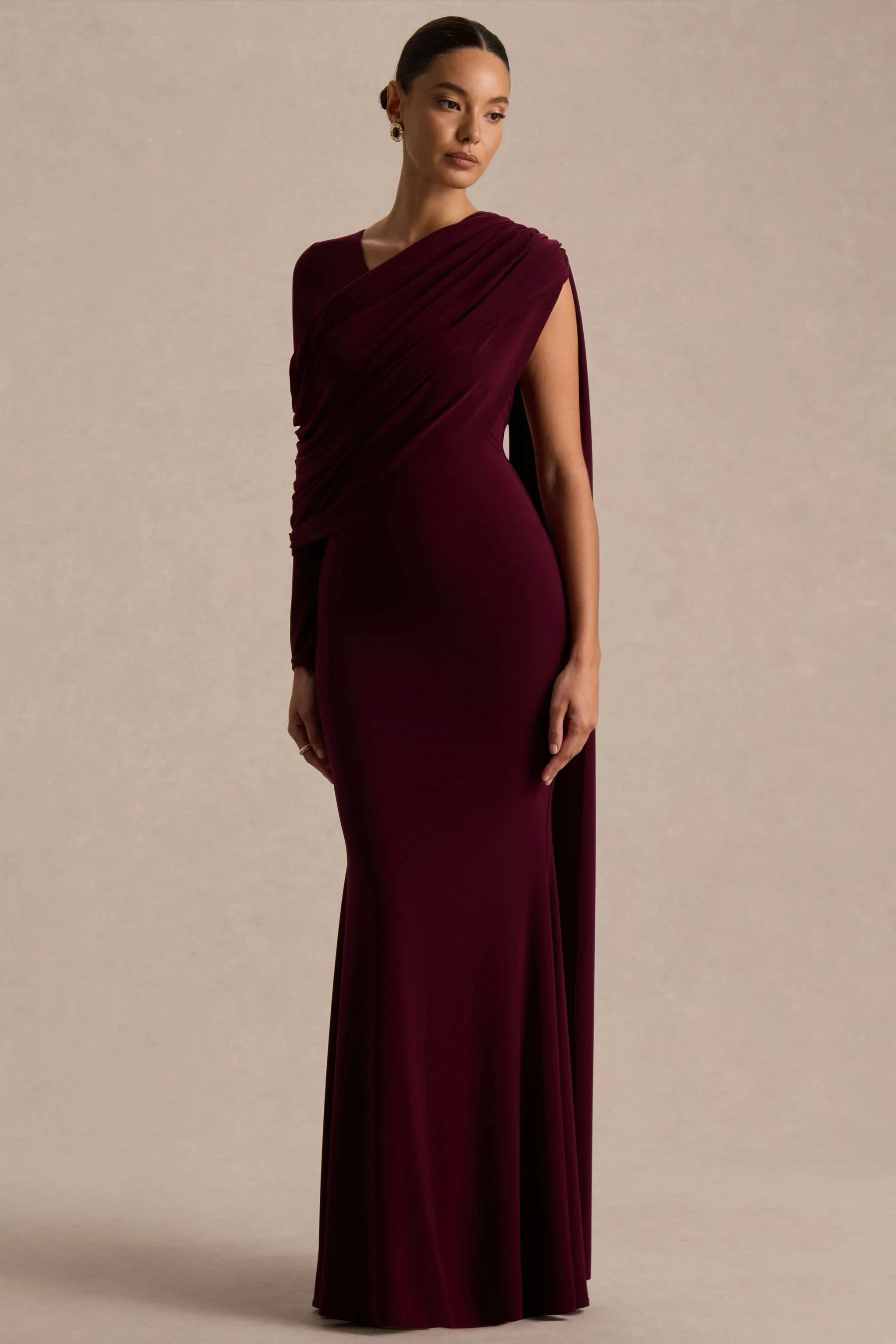 Rubelle Burgundy Asymmetric Neck Maxi Dress With Draped Detailing