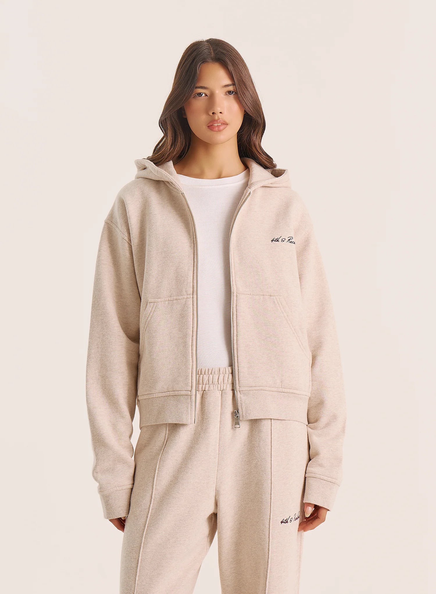 Oatmeal Script Logo Detail Zip Hoodie