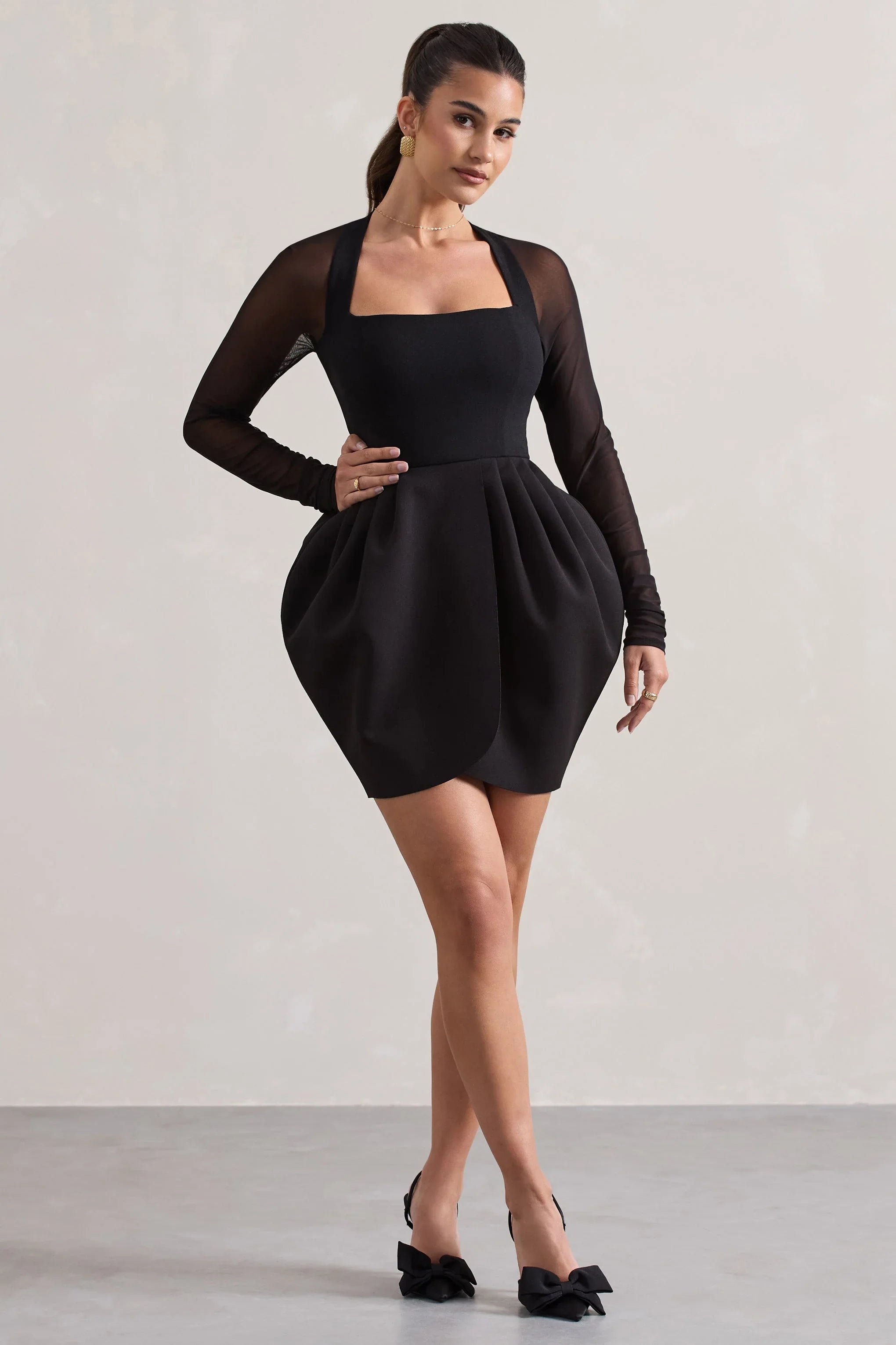 Alto Black Square Neck Mini Dress With Puff Skirt