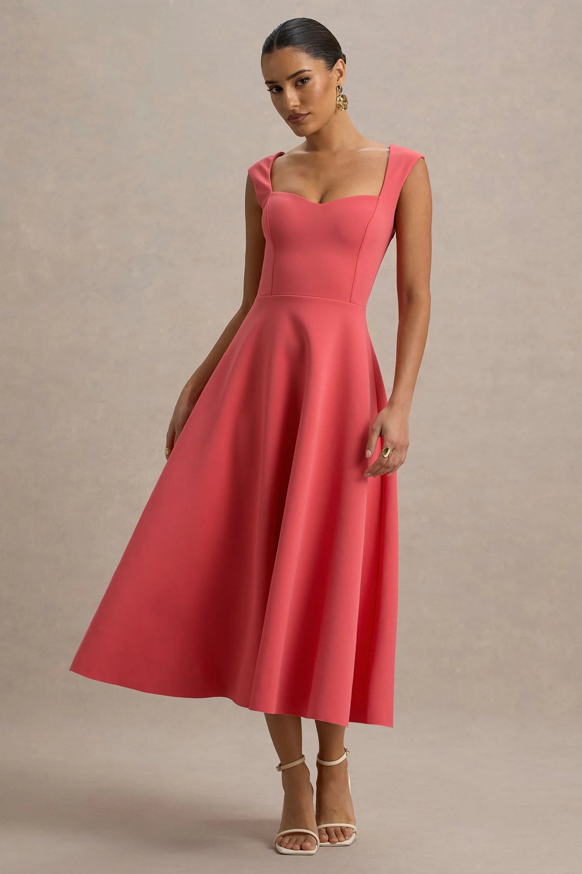 Andromeda Coral Sweetheart Neck Midi Dress