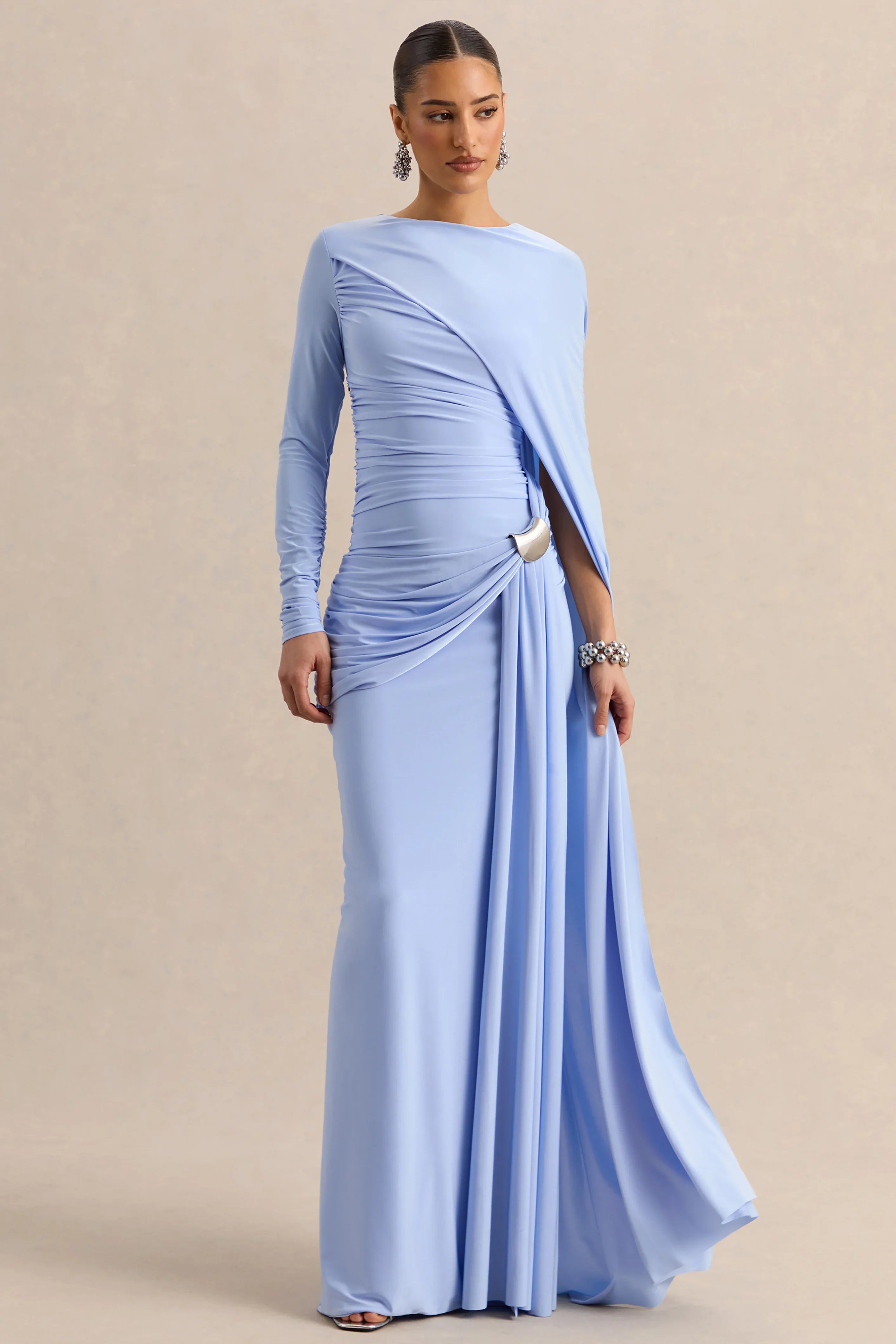 Orintha Powder Blue Wide Neck Maxi Dress With Cape And Gold Detail