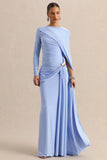 Orintha Powder Blue Wide Neck Maxi Dress With Cape And Gold Detail