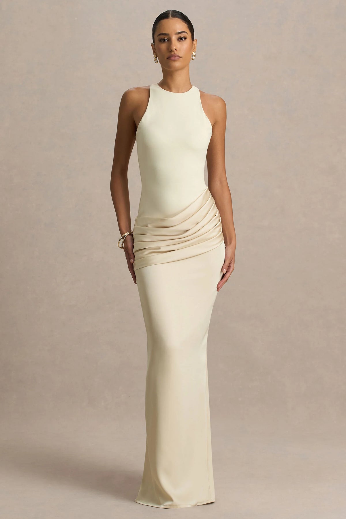 Akari Cream Crew Neck Maxi Dress With Satin Skirt