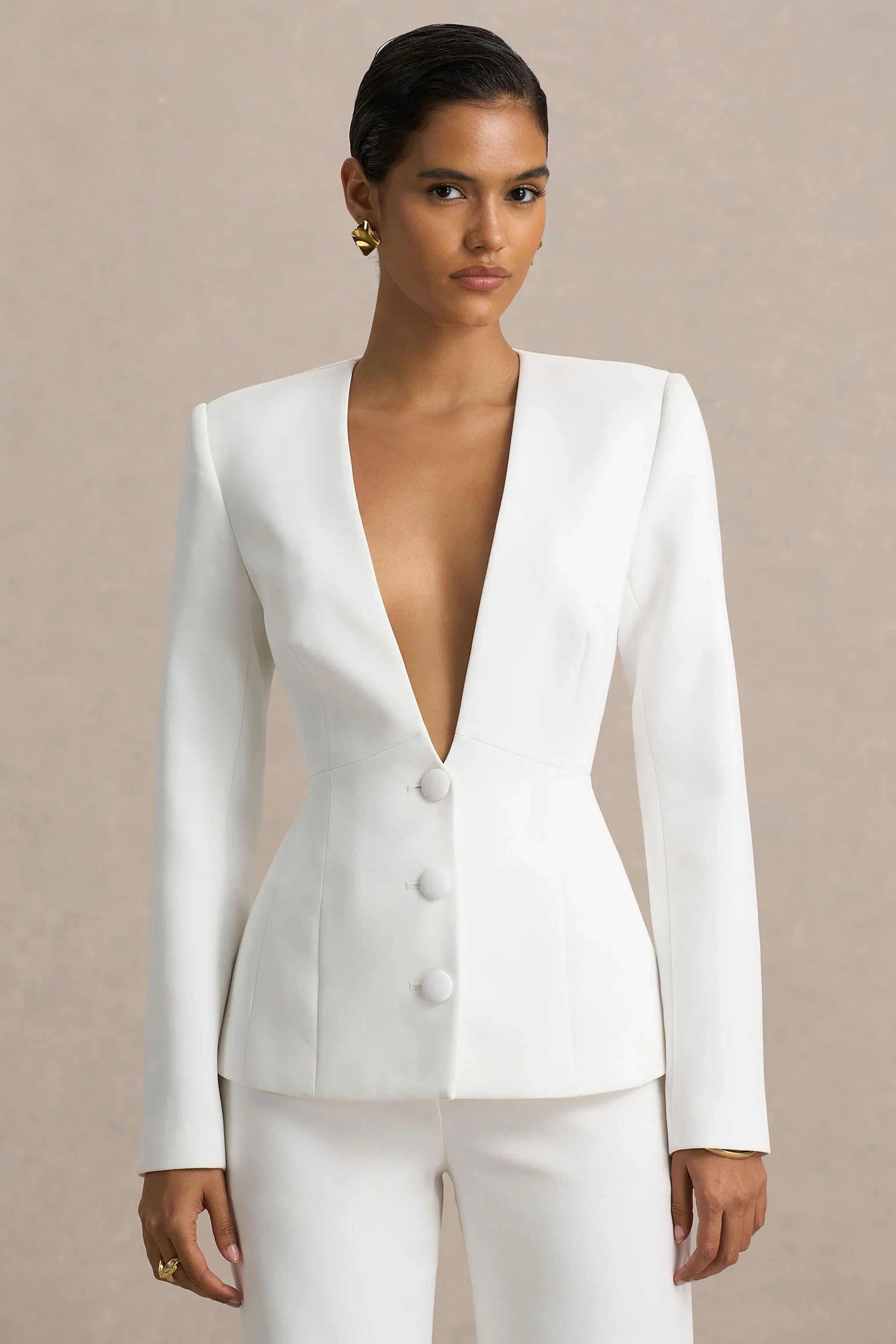 Rosalina White Extreme Plunge Neck Tailored Blazer