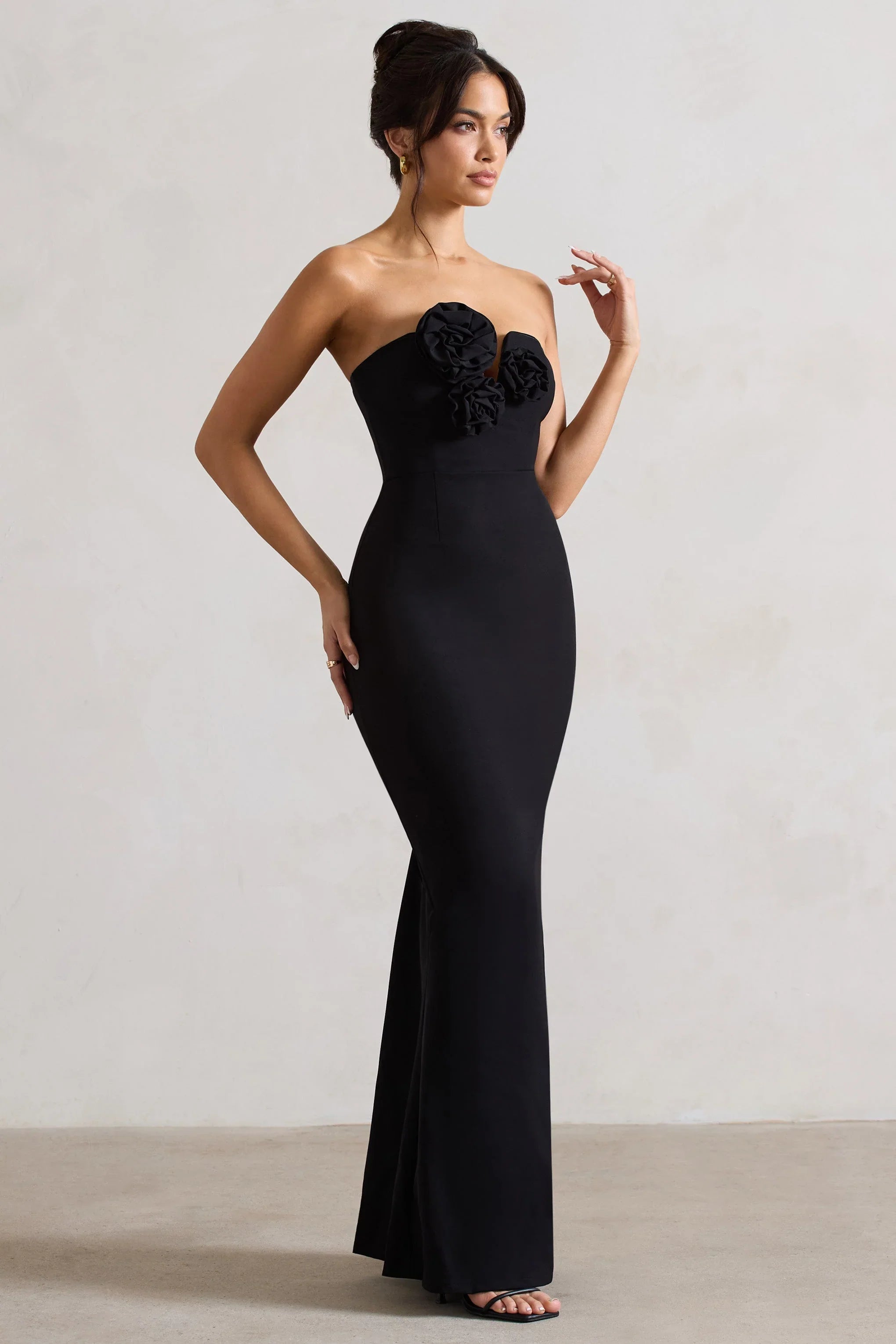 Enticed Black Strapless V Neck Maxi Dress With Flowers