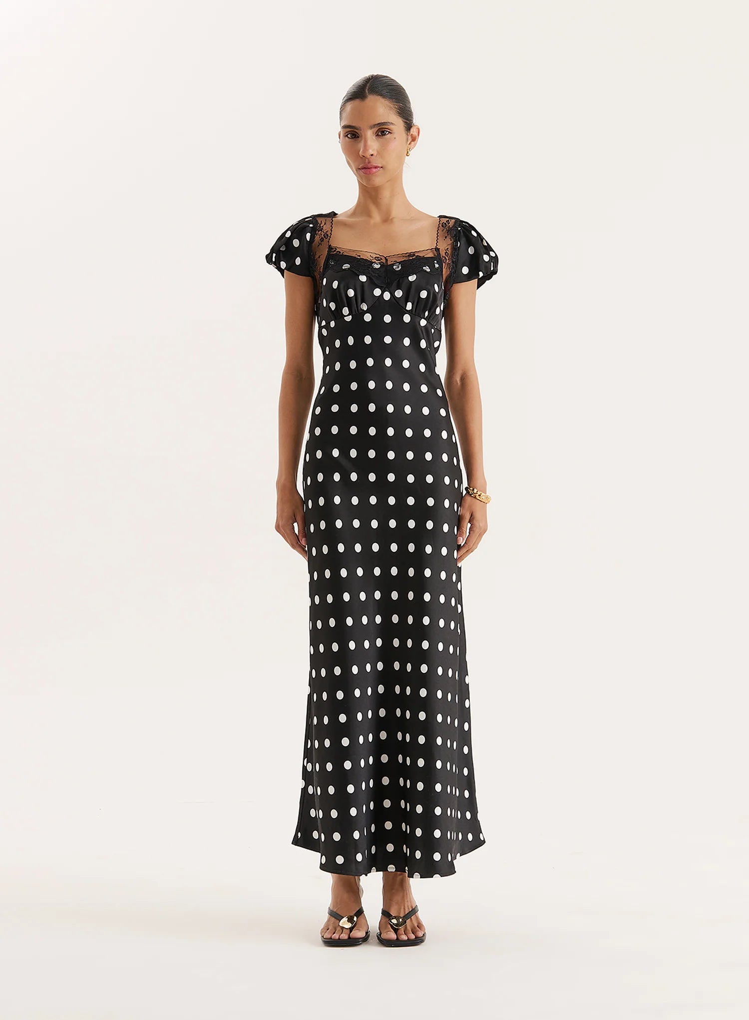 Black Polka Dot Print Satin Slip Maxi Dress