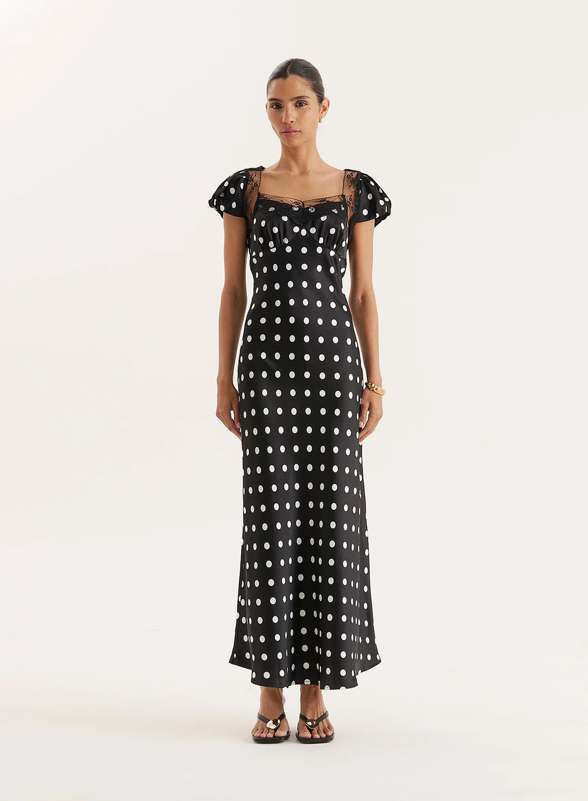 Black Polka Dot Print Satin Slip Maxi Dress