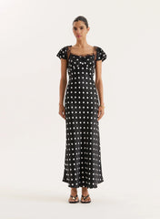Black Polka Dot Print Satin Slip Maxi Dress