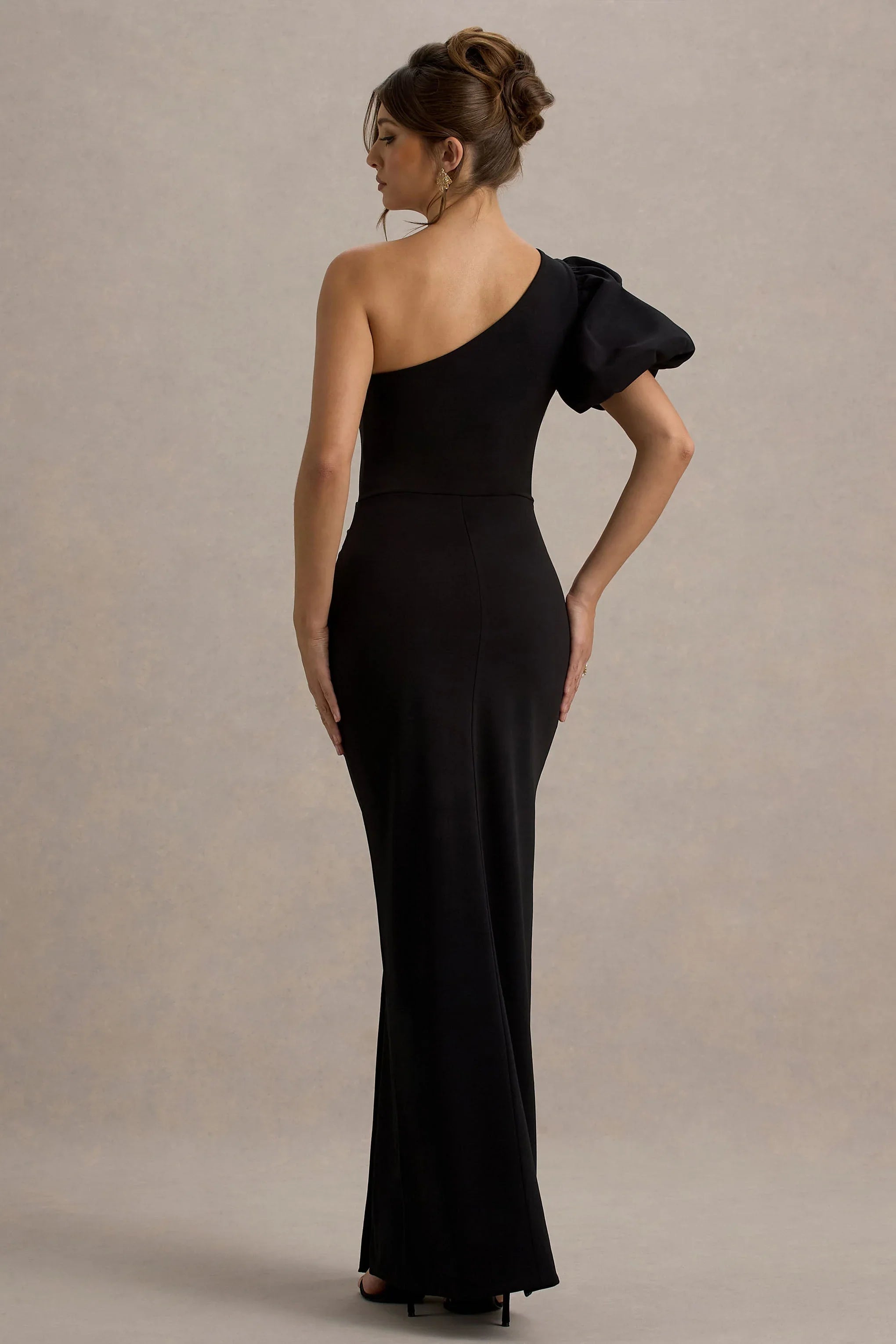 Vittoria Black Asymmetric Puff Sleeve Split Maxi Dress