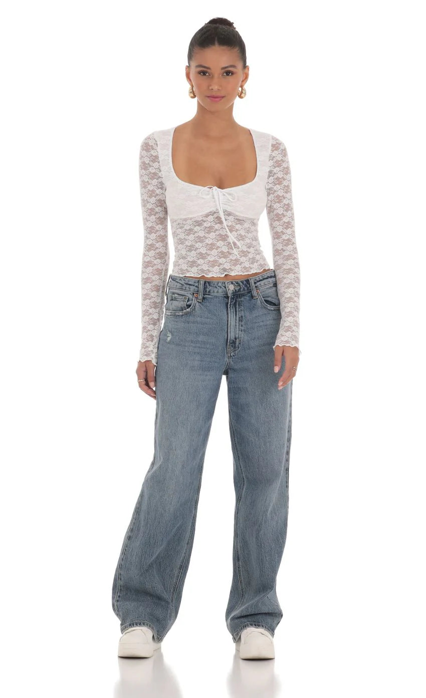 Long Sleeve Lace Top in White