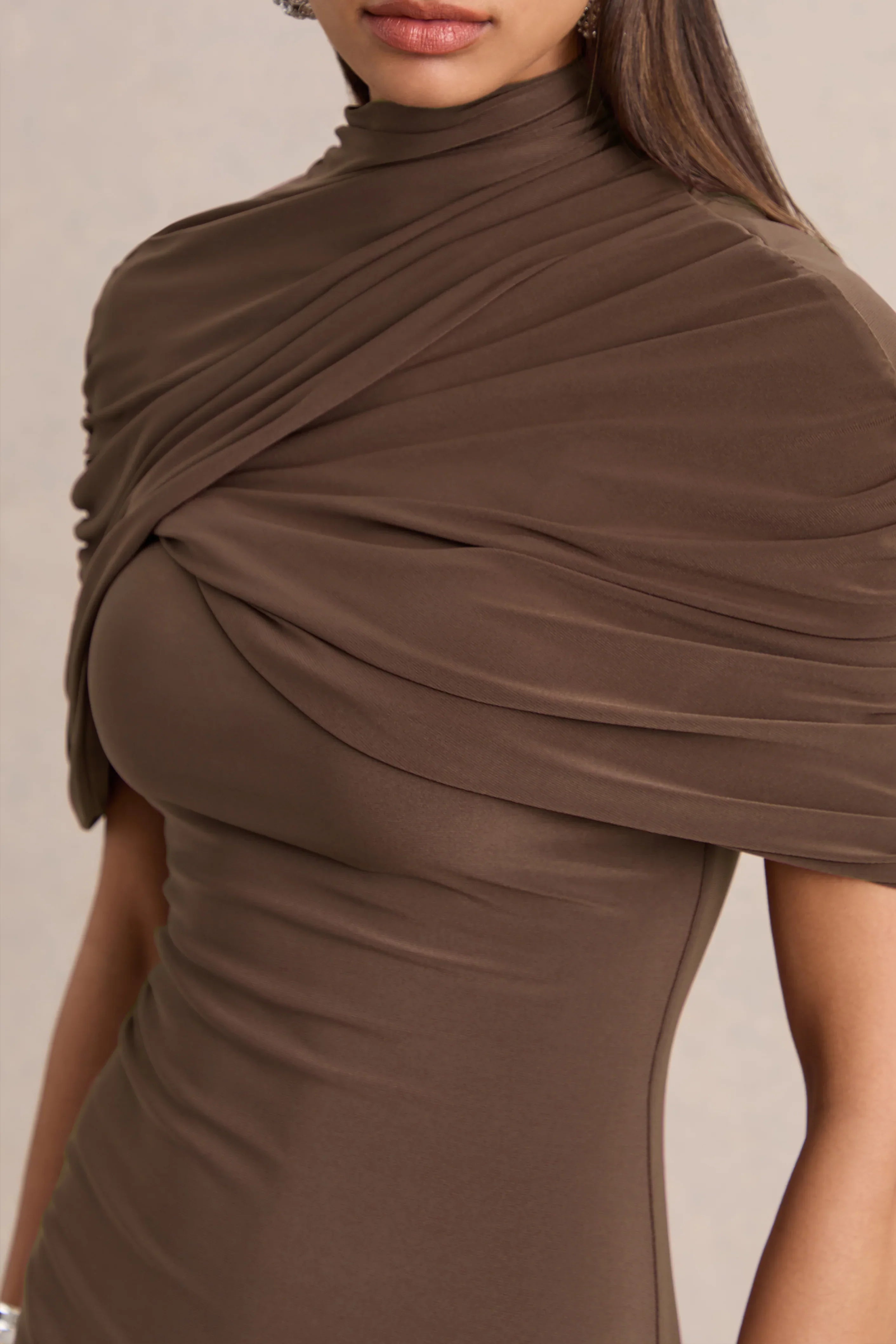 Perdi Brown Bodycon Mini Dress With Twisted Cape