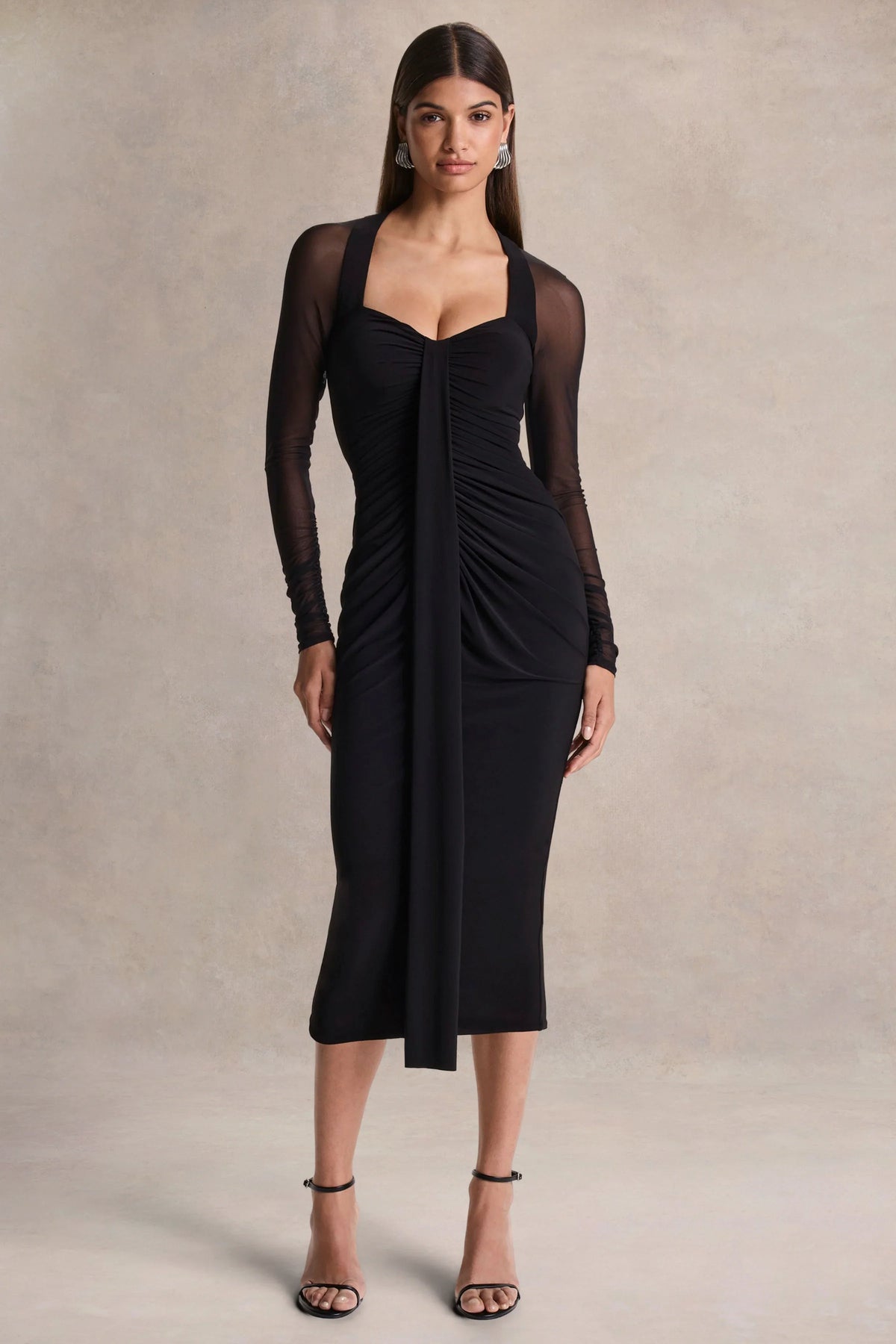 Rosetta Black Sweetheart Neck Midi Dress With Sheer Sleeves