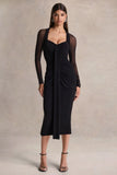 Rosetta Black Sweetheart Neck Midi Dress With Sheer Sleeves