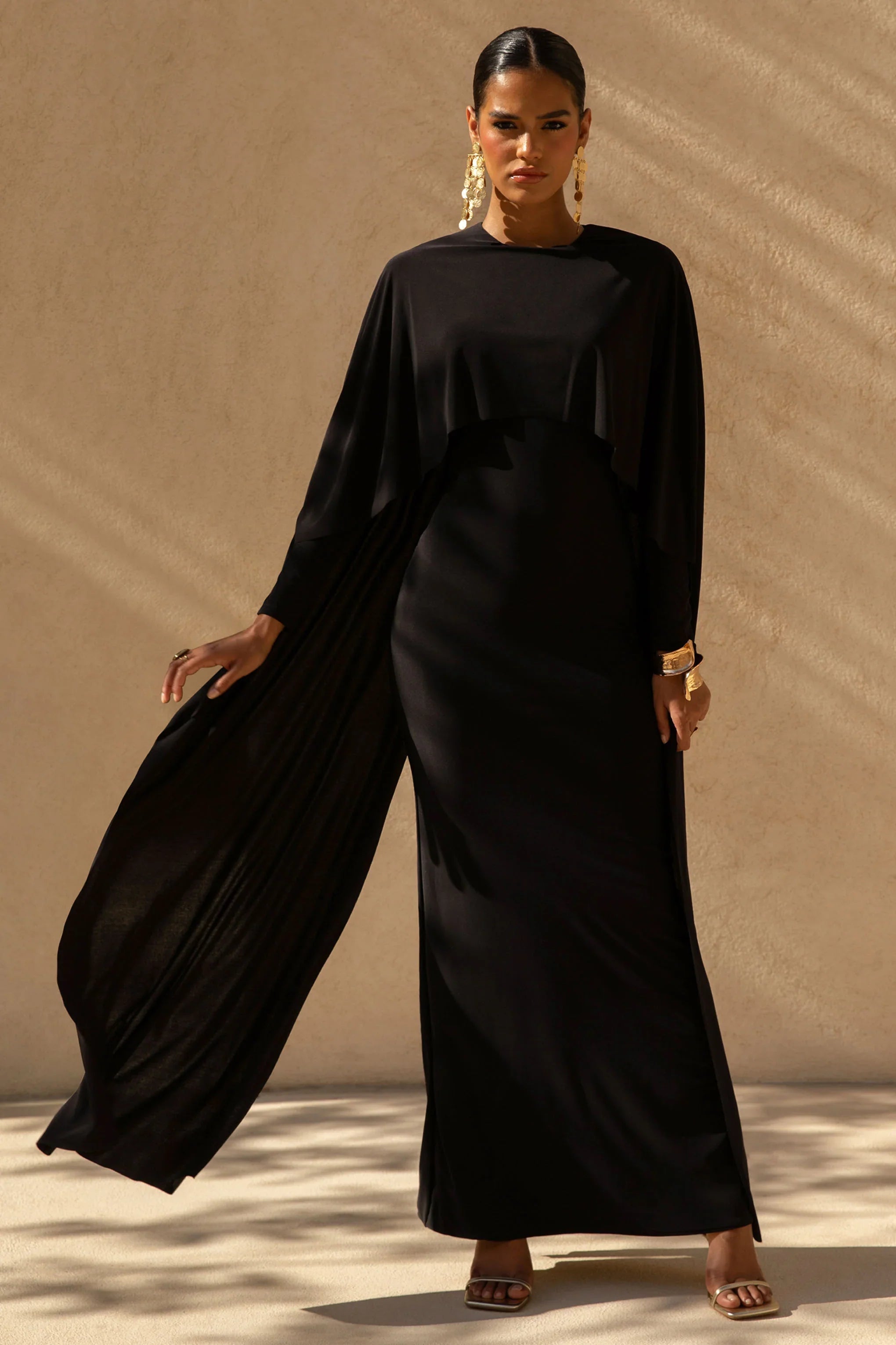 Belinda Black Draped Maxi Dress With Cape Sleeves
