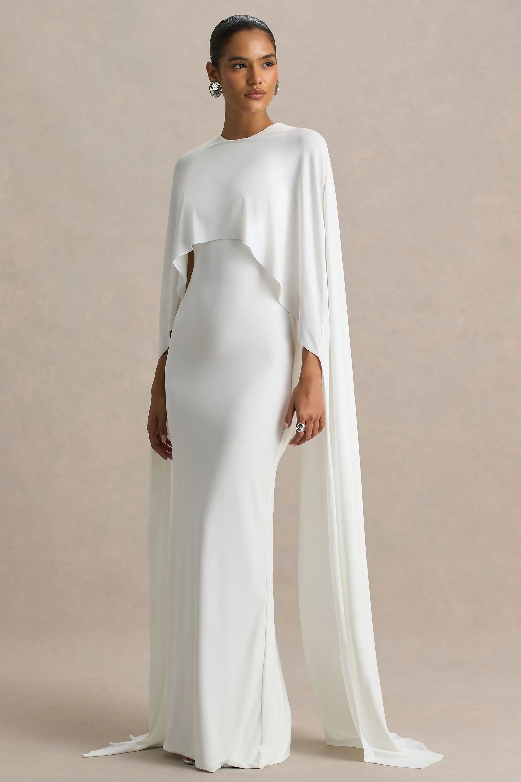 Padma White Draped Maxi Dress With Cape Sleeves