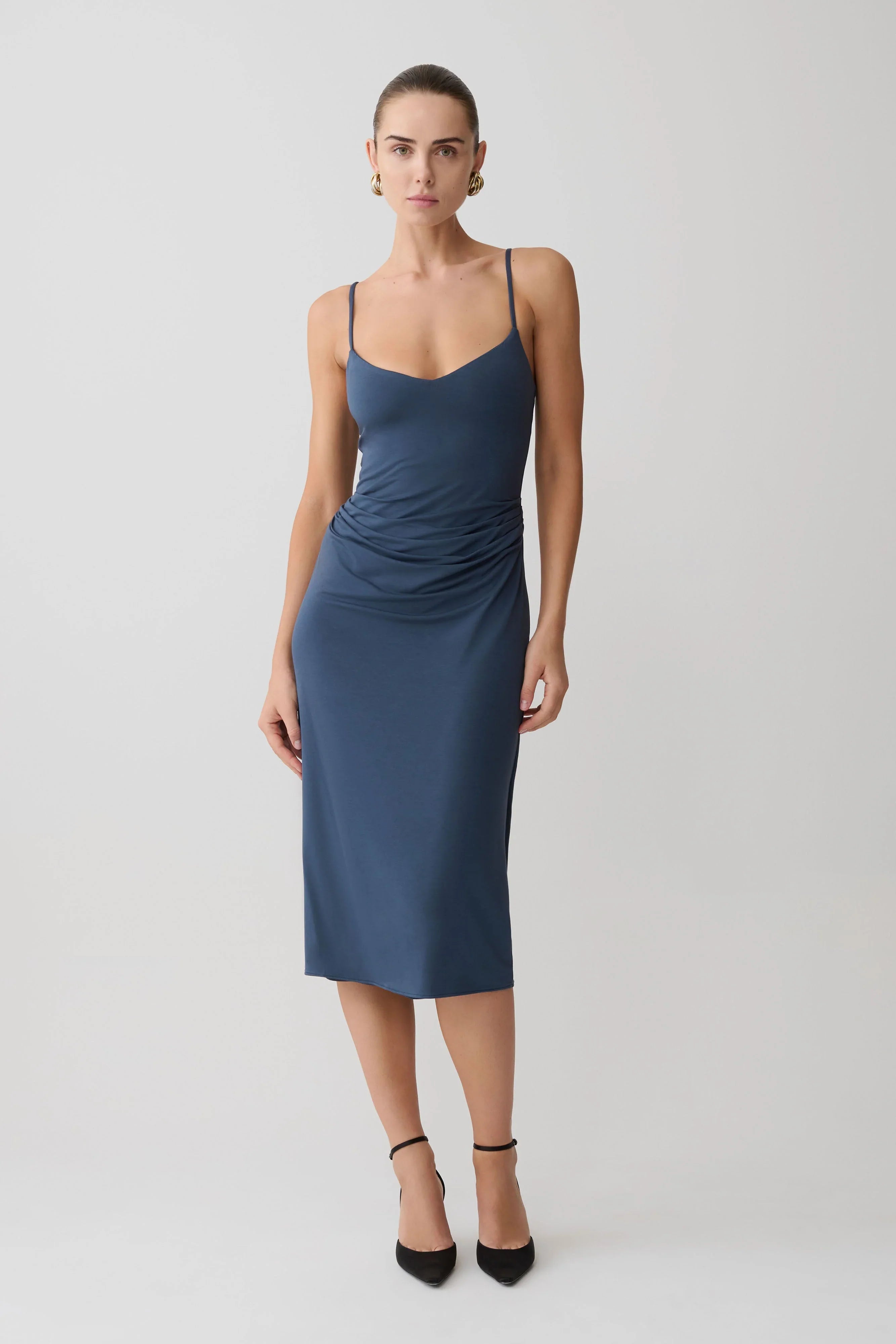 Vina Gathered Jersey Midi Dress Ink Blue
