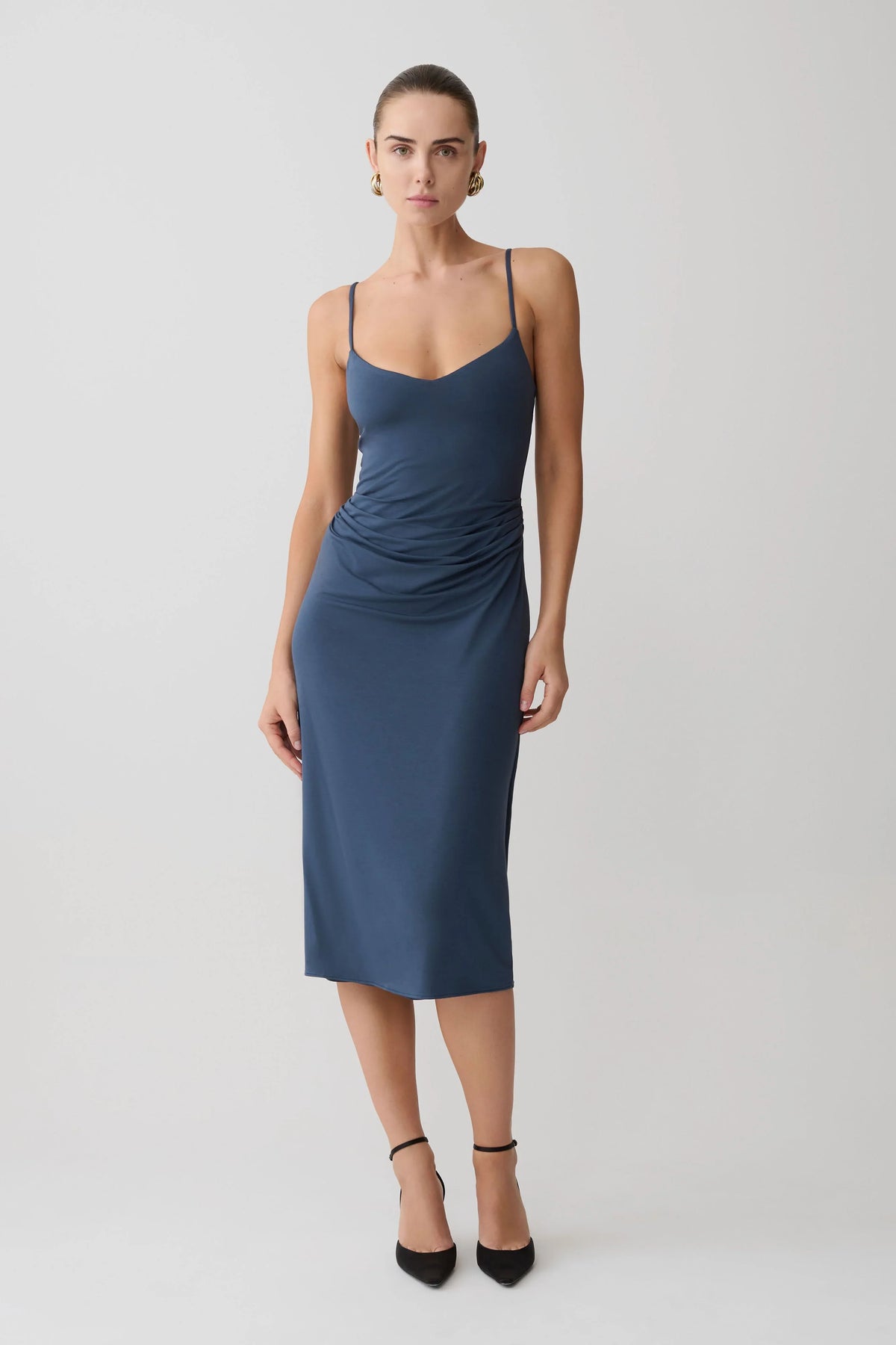 Vina Gathered Jersey Midi Dress Ink Blue