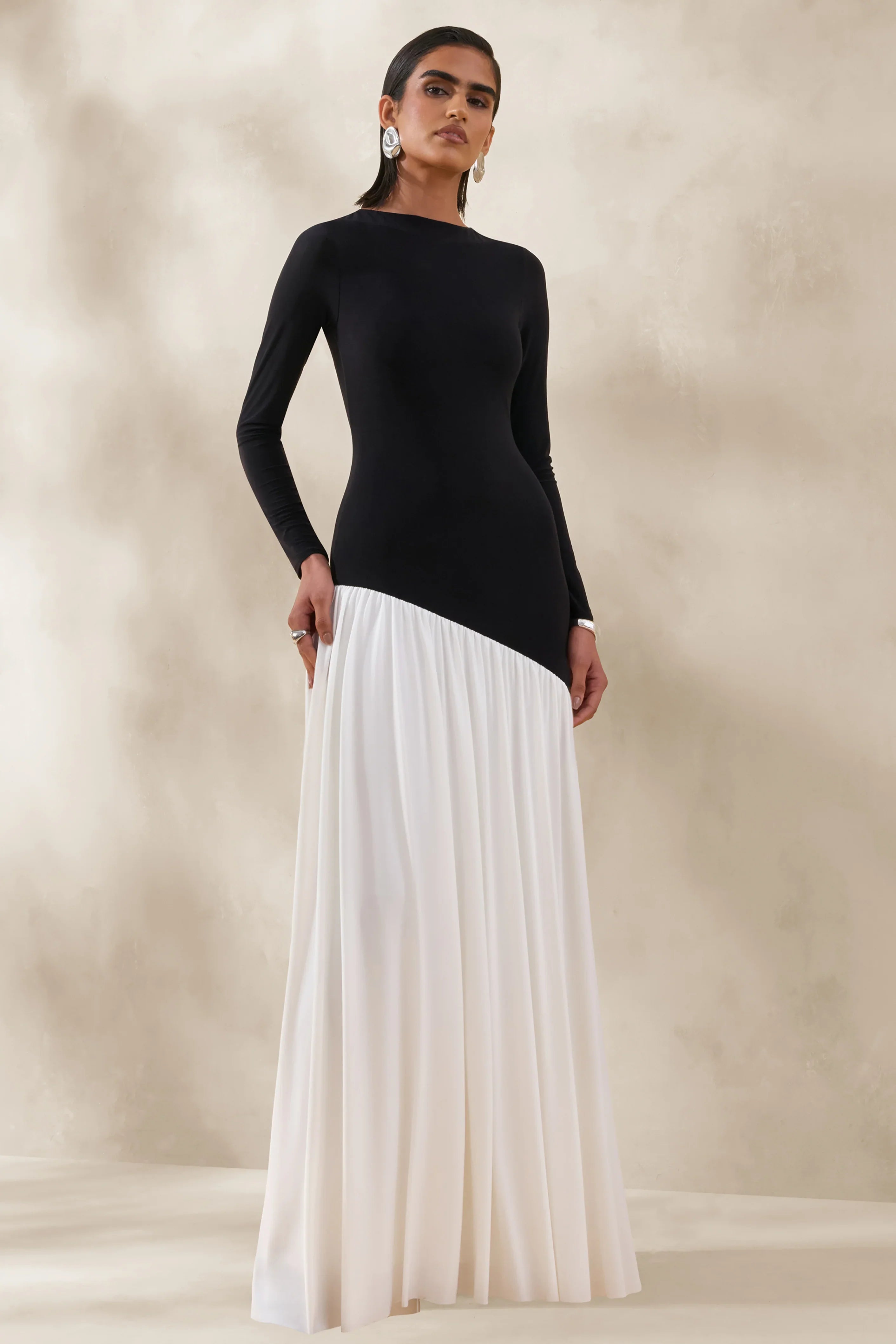 Jasira Black White Crew Neck Maxi Dress With Asymmetric Drop Waist