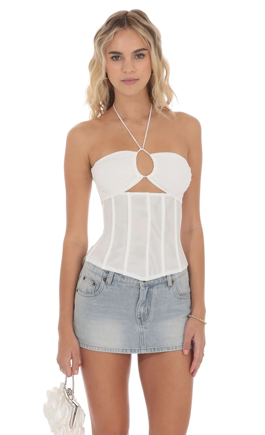 Mesh Corset Cutout Top in White