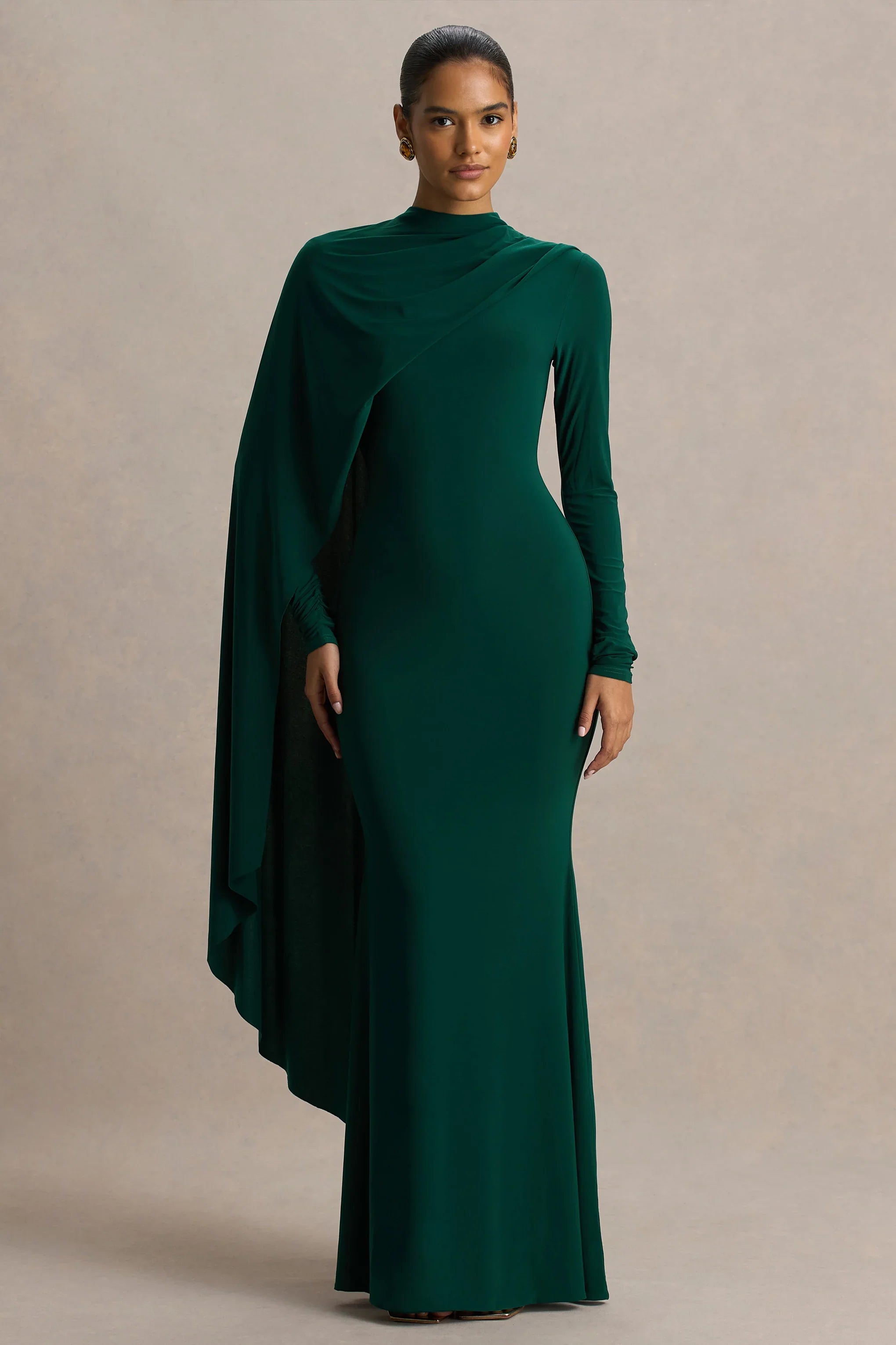 Always Bottle Green High Neck Maxi Dress With Cape Sleeve Detail