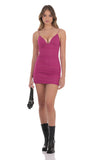 Mesh Ruched V Neck Bodycon Dress in Magenta