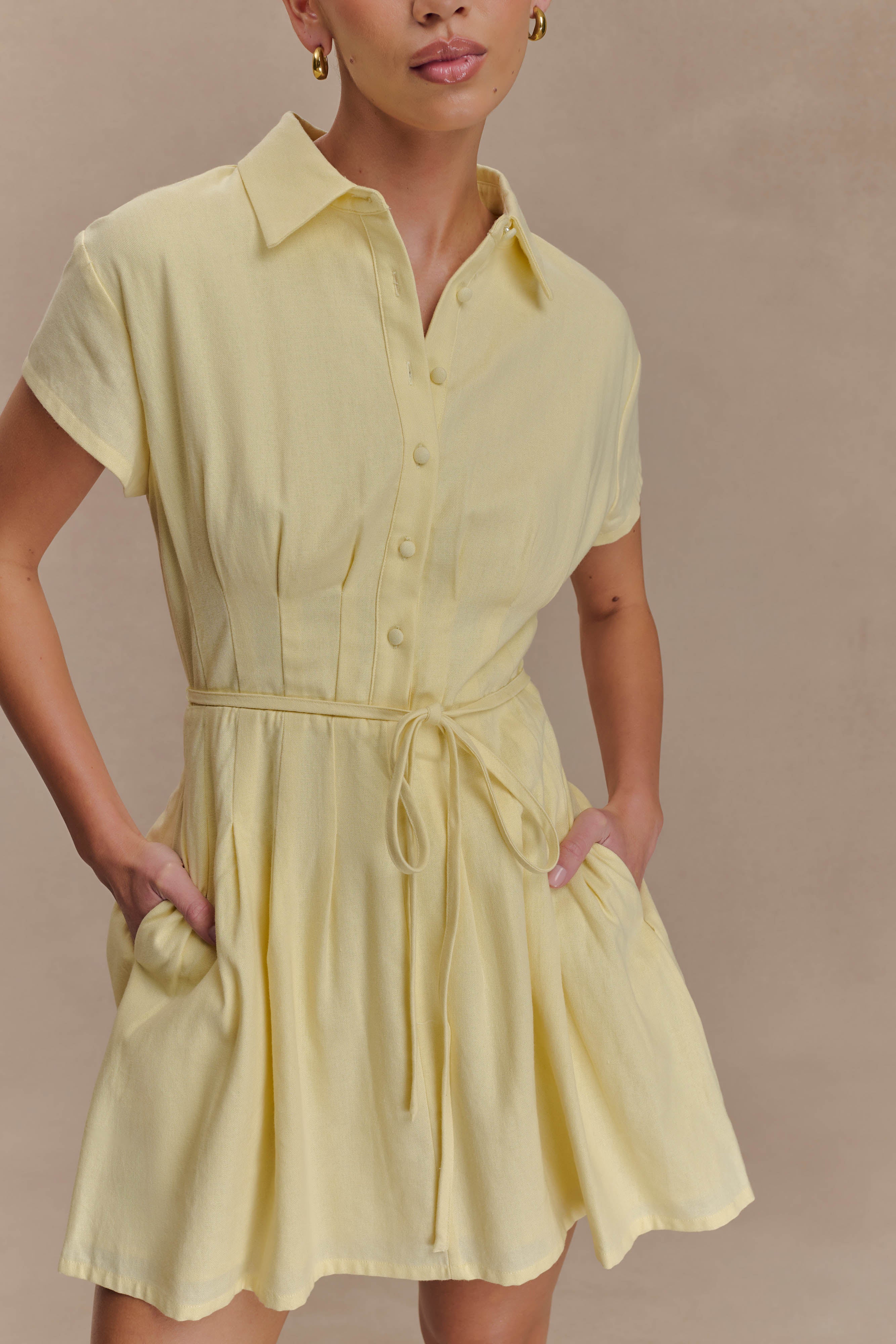 Aysha Buttoned Linen Mini Dress Lemon