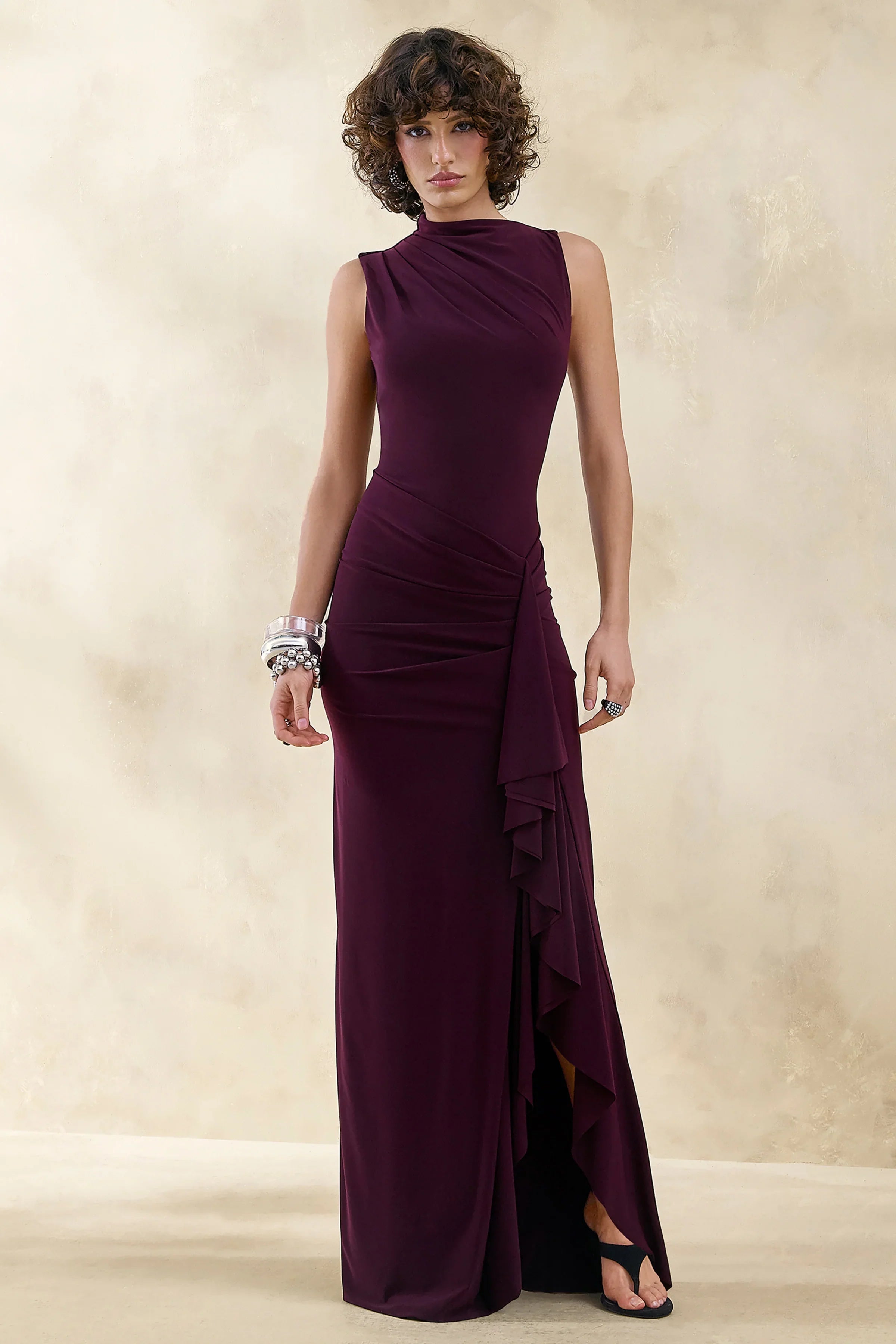 Helessia Dark Plum Asymmetric Neck Maxi Dress With Gathered Detailing And Sash