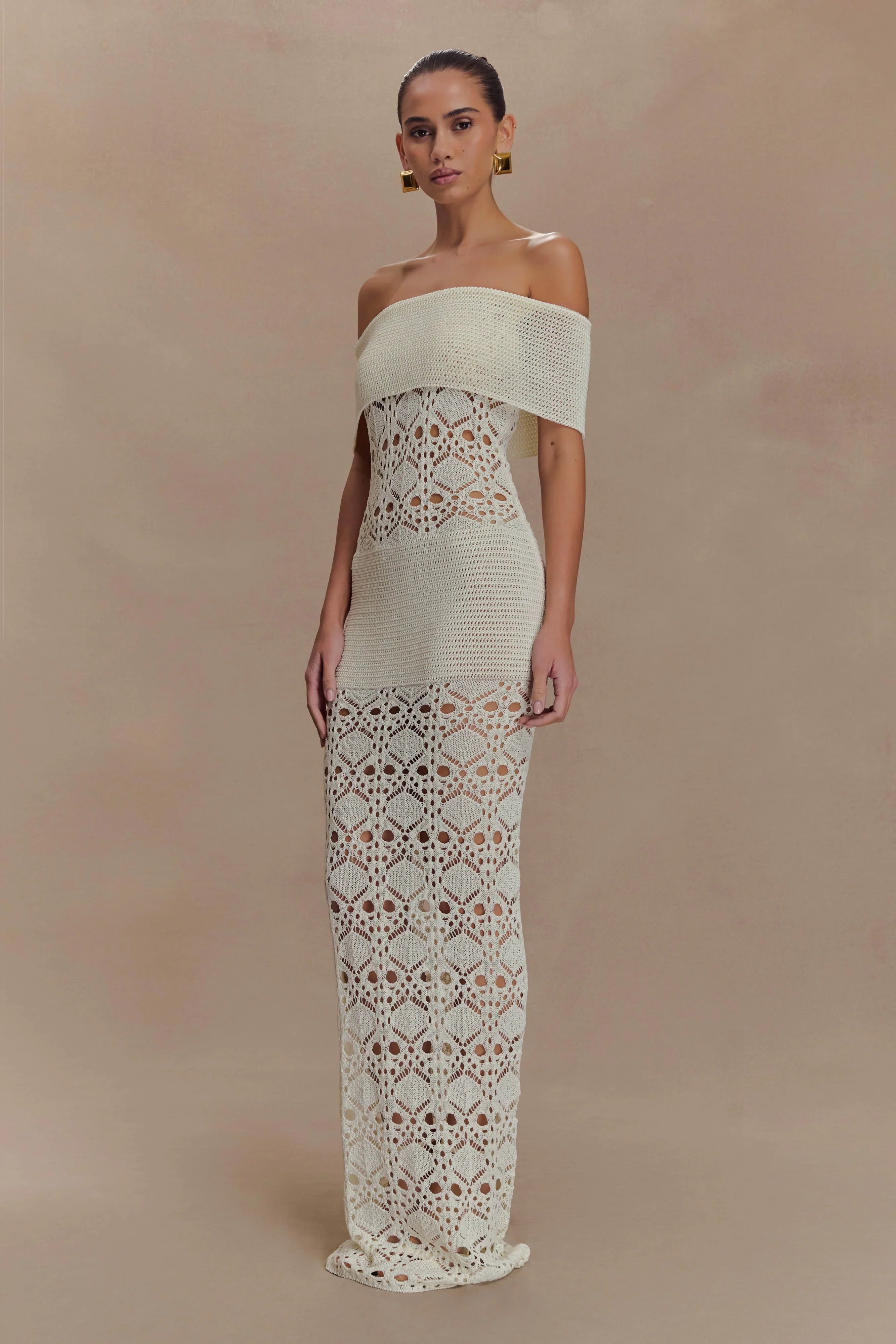 Solstice Off Shoulder Crochet Knit Maxi Dress Ivory