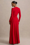 Estrella Red High Neck Maxi Dress With Ruched Detailing