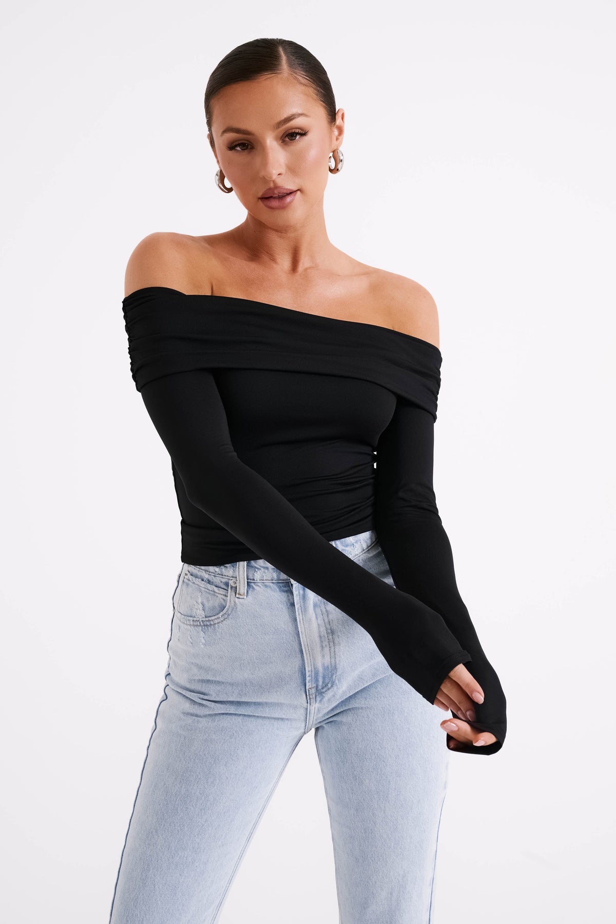 Lucinda Recycled Nylon Off Shoulder Top Black