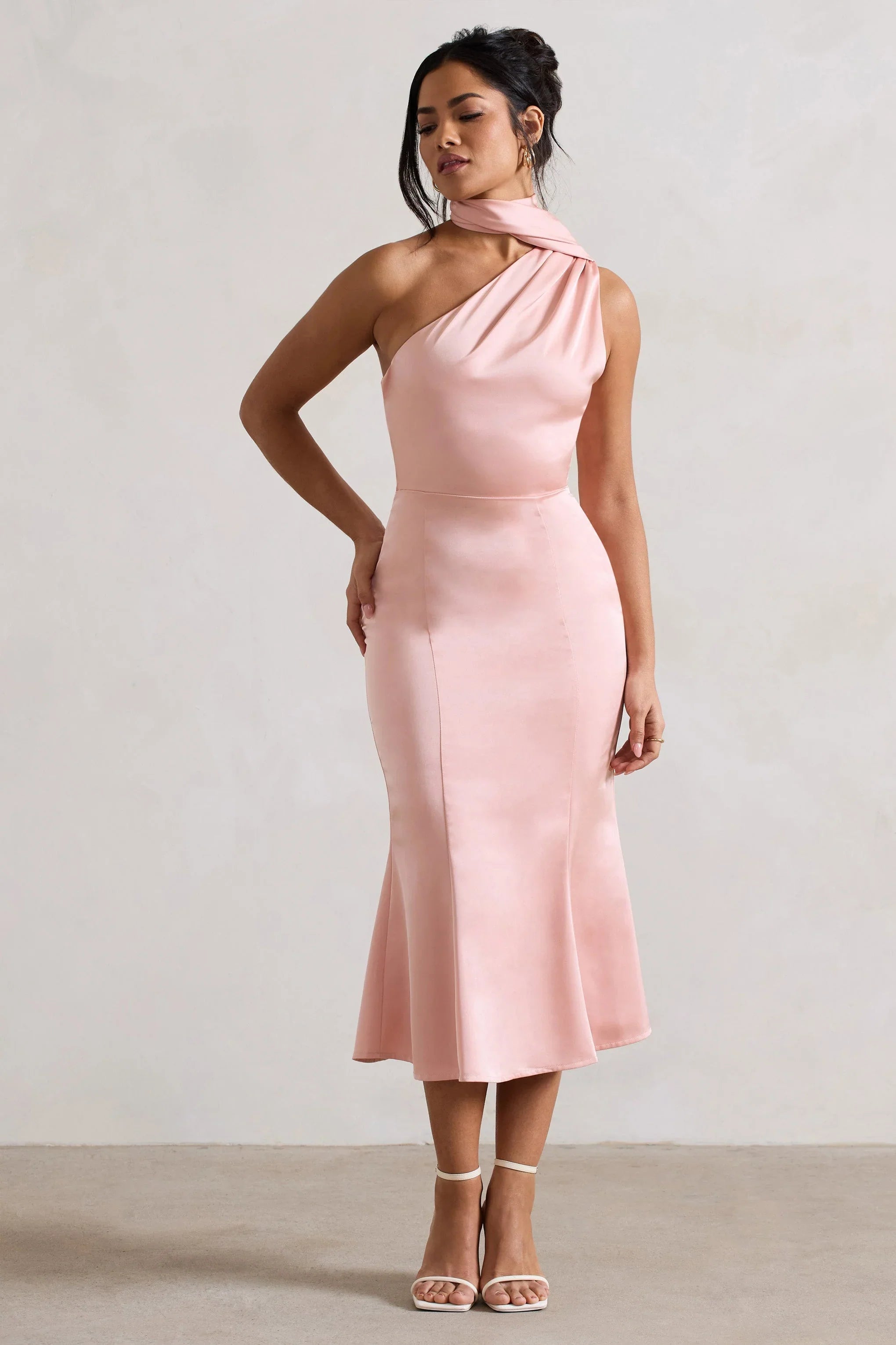 Golden Girl Blush Pink Satin One Shoulder High Neck Flared Midi Dress