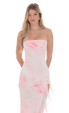 Tie Dye Mesh Ruffle Slit Maxi Dress in White