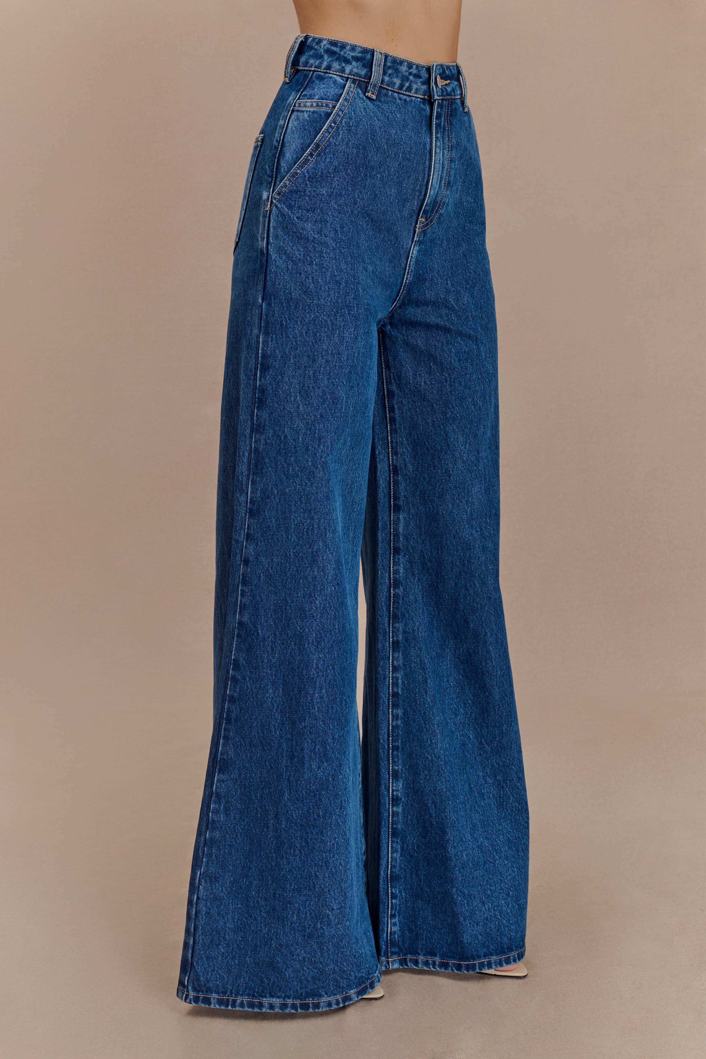 Jen Wide Leg Flare Denim Jeans Dark Blue