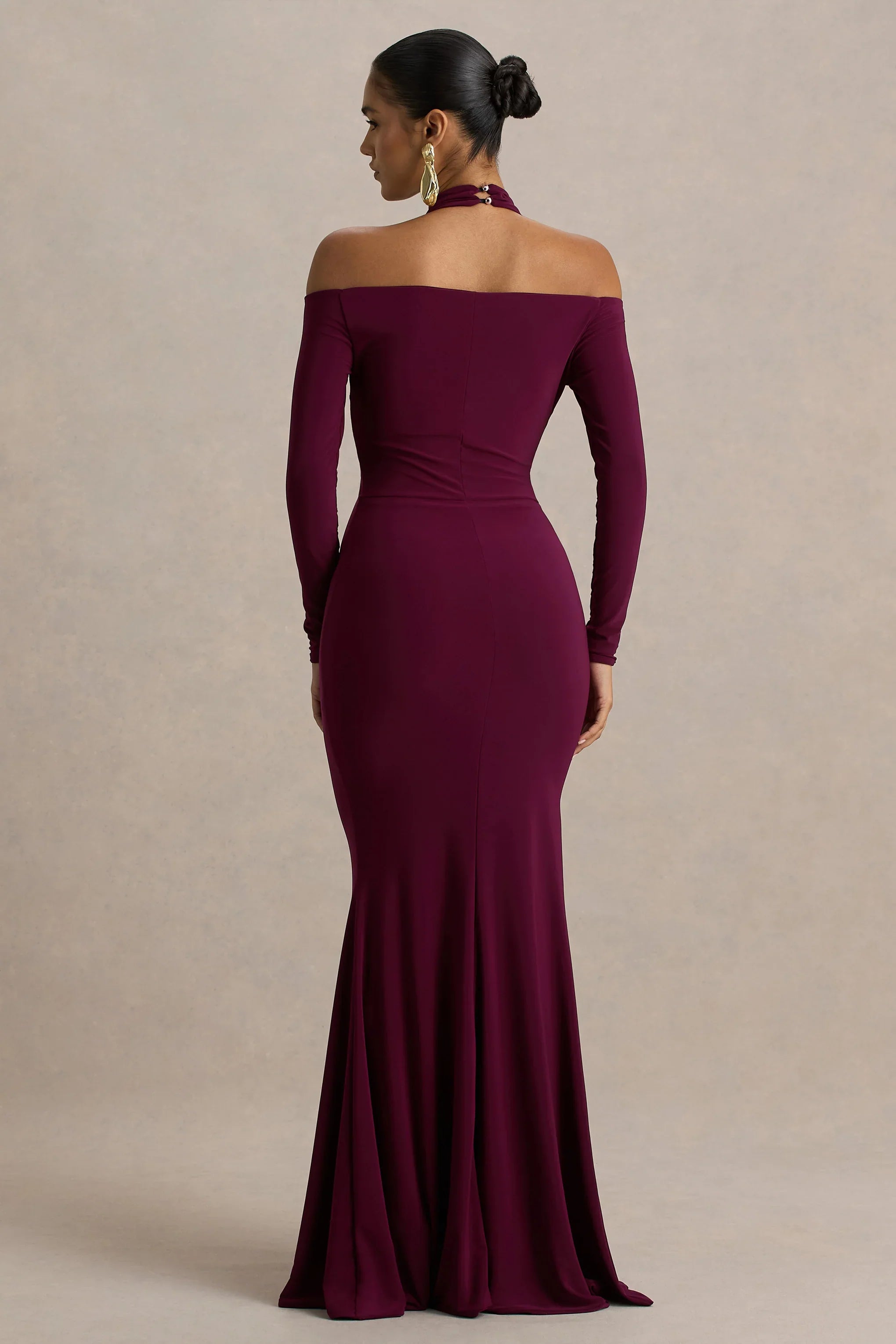 Living High Burgundy Halter Neck Maxi Dress With Long Sleeves