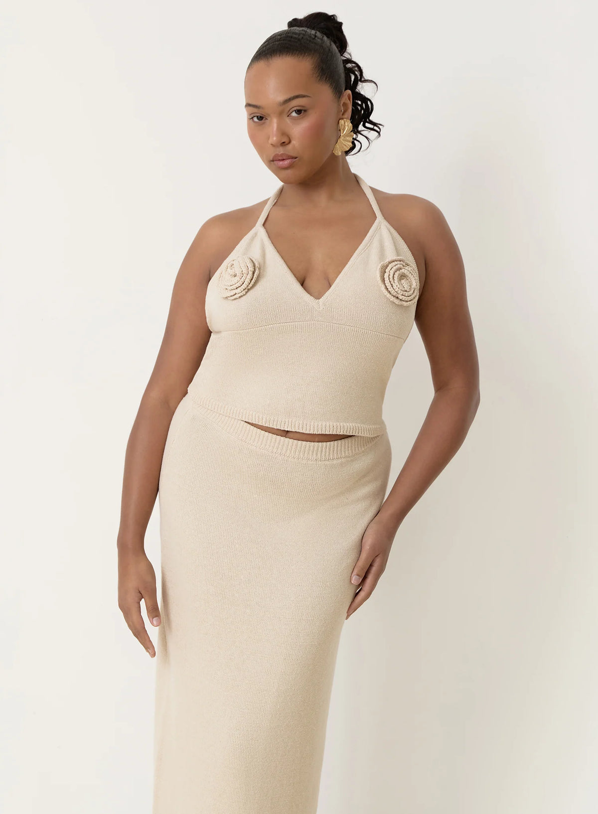 Cream Knit Corsage Halterneck Top