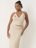 Cream Knit Corsage Halterneck Top