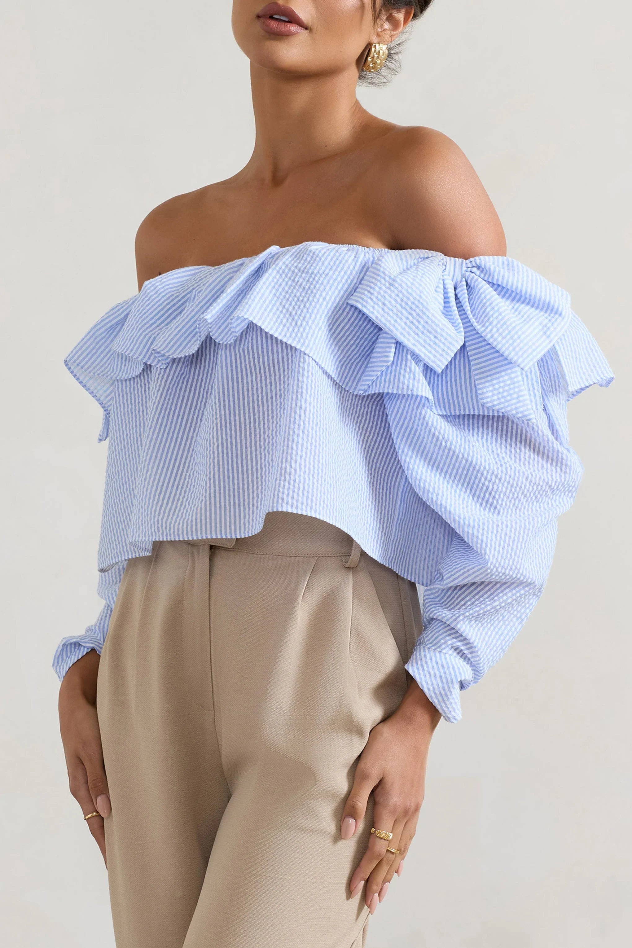 Harbour Blue Pinstripe Bardot Puff Sleeve Top With Bows
