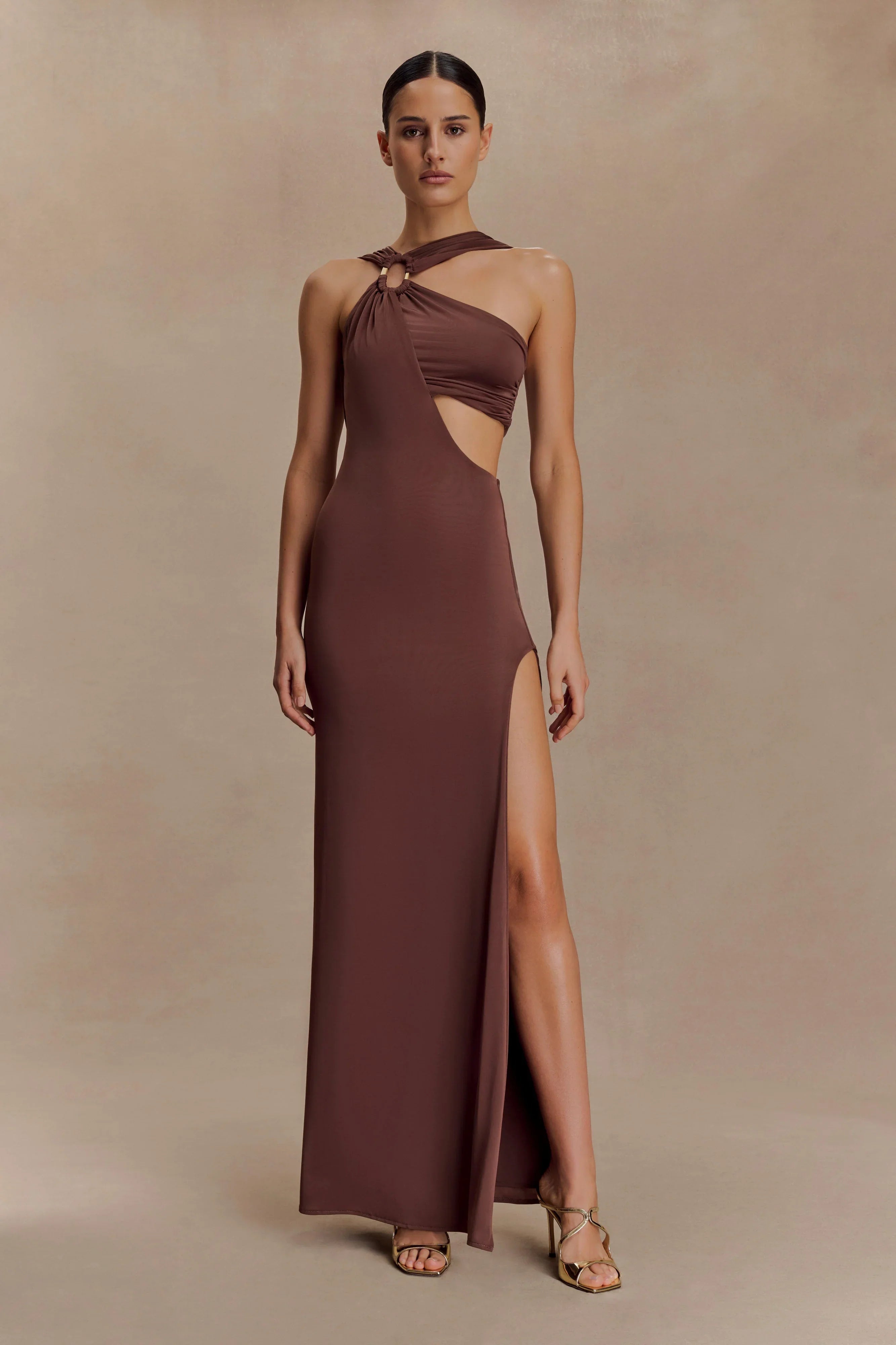 Lottie Slinky Maxi Dress With Split Chocolate