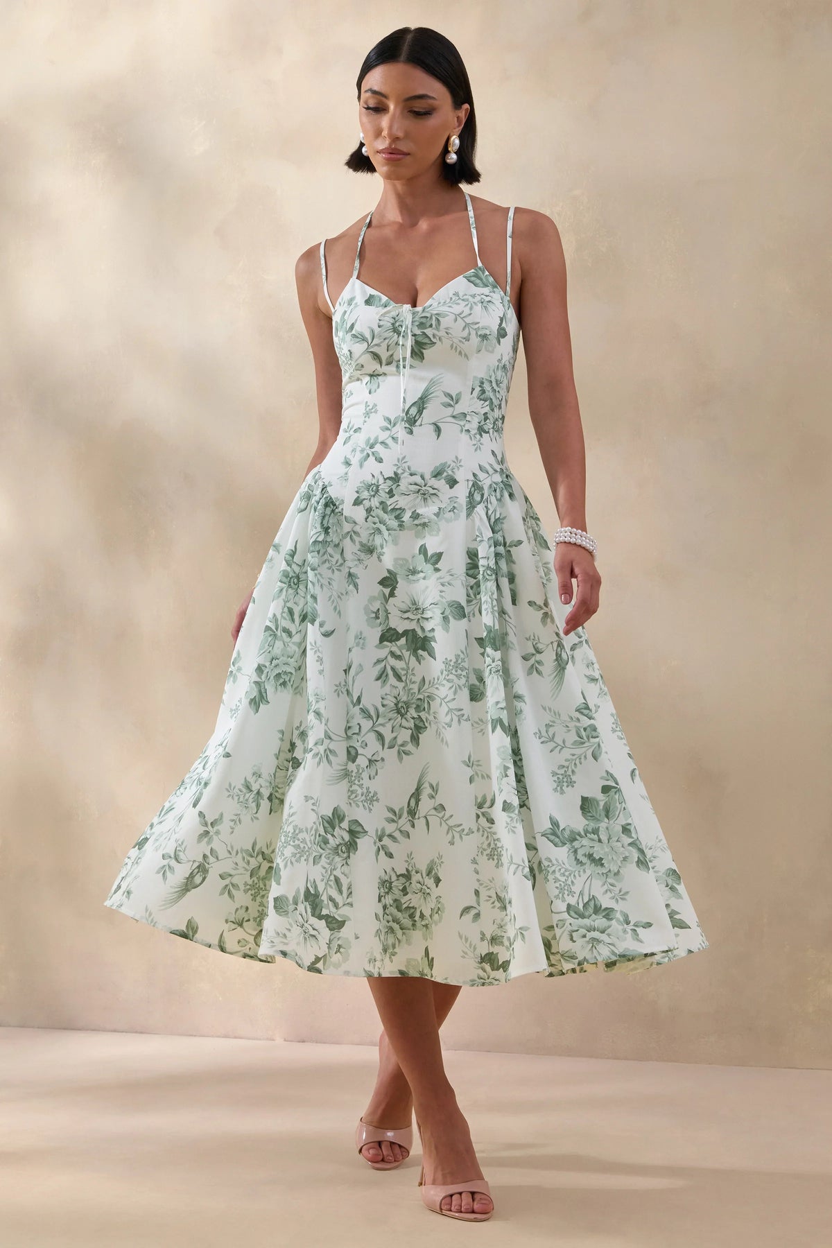 Audrey Green Floral Print Sweetheart Neck Midi Dress With Ruching Detail