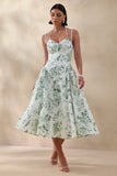 Audrey Green Floral Print Sweetheart Neck Midi Dress With Ruching Detail