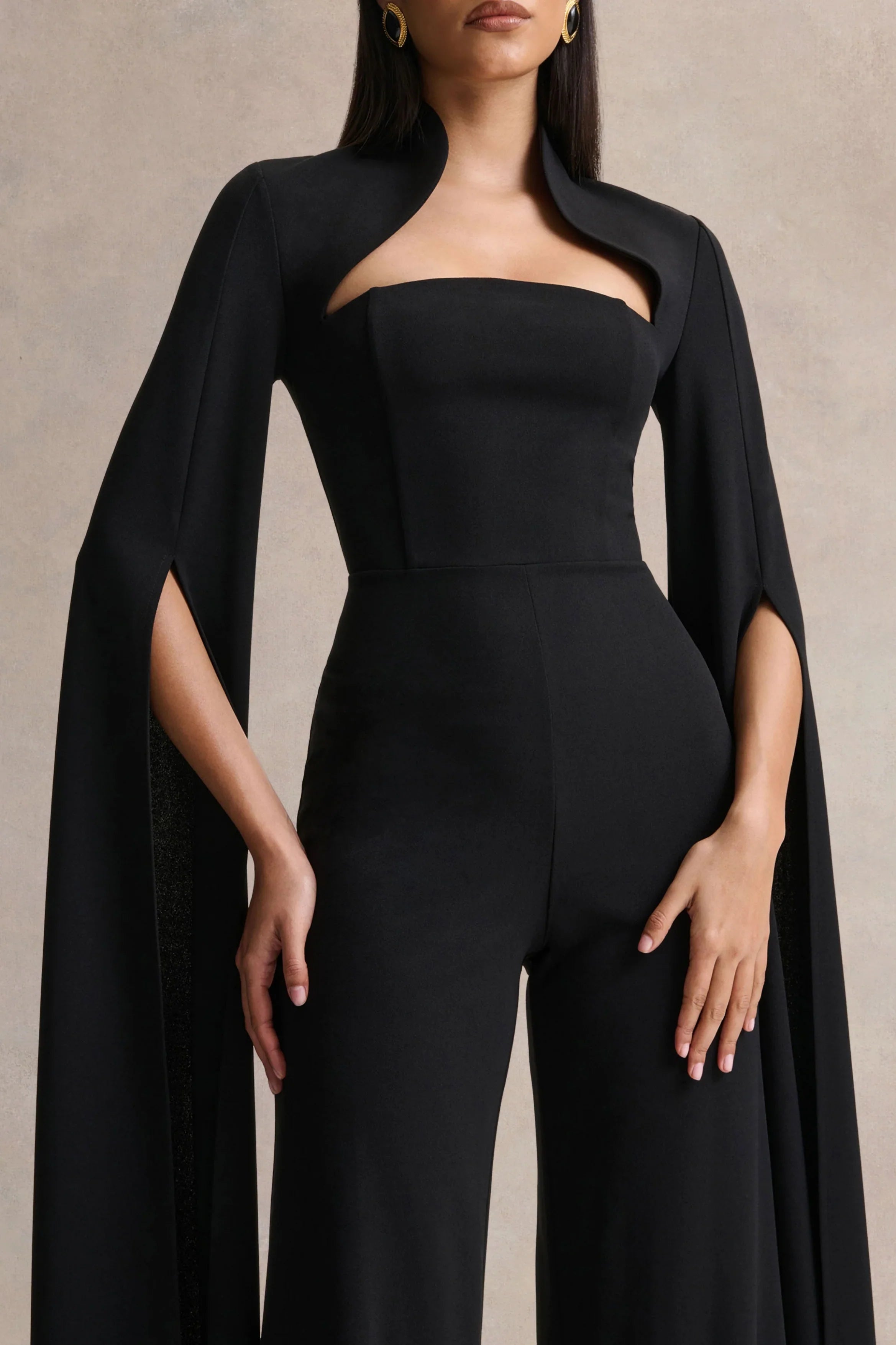 Elisabetta Black Square Neck Jumpsuit With Cape Sleeves