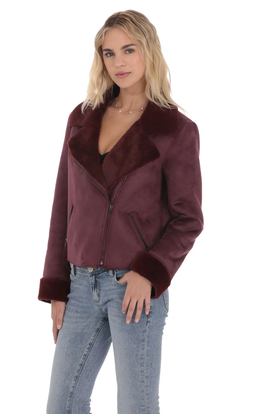 Fur Collar Suede Jacket in Purple