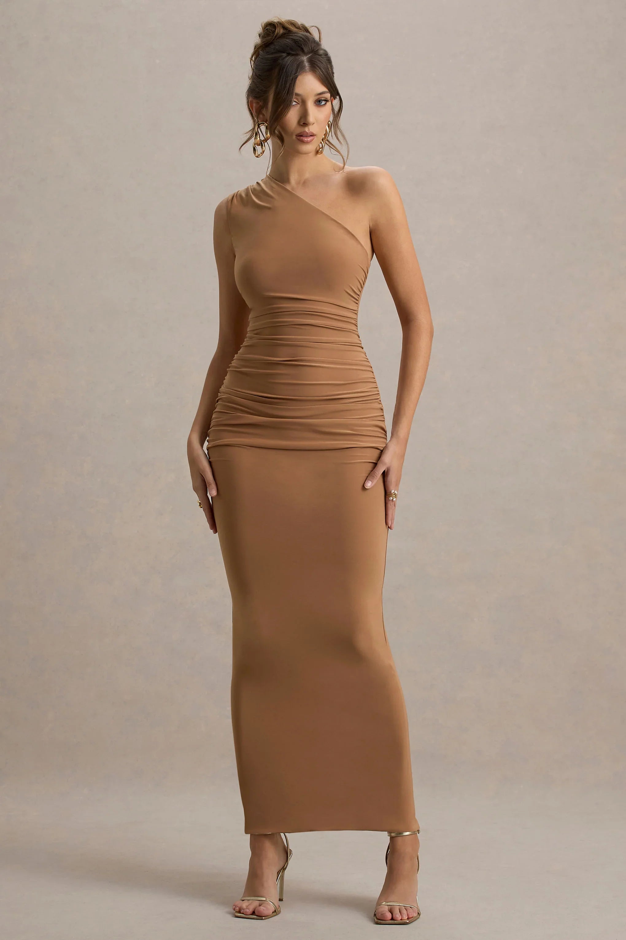 Dalarie Brown One Shoulder Gathered Maxi Dress