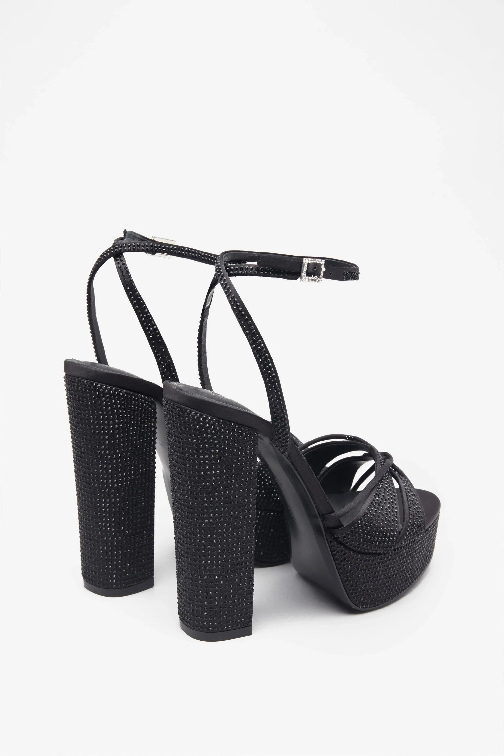 Crystal Cut Black Strappy Heeled Platform Sandals With Diamante Buckles